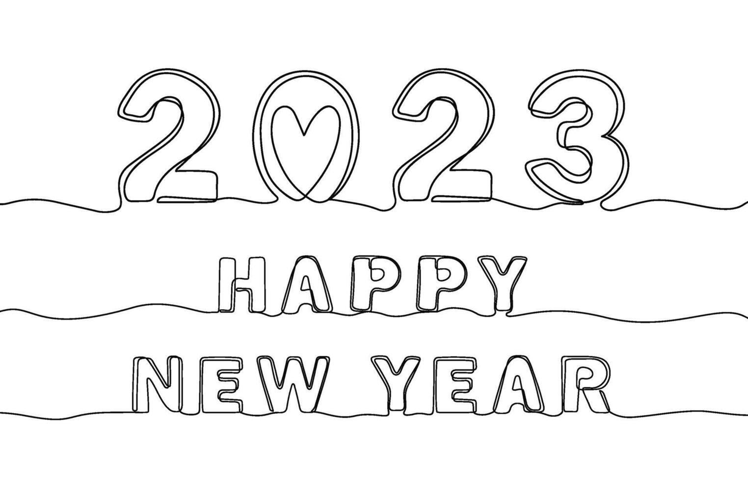 Continuous line 2023 holiday banner. Happy new year single one line lettering, hand drawn calligraphy concept vector