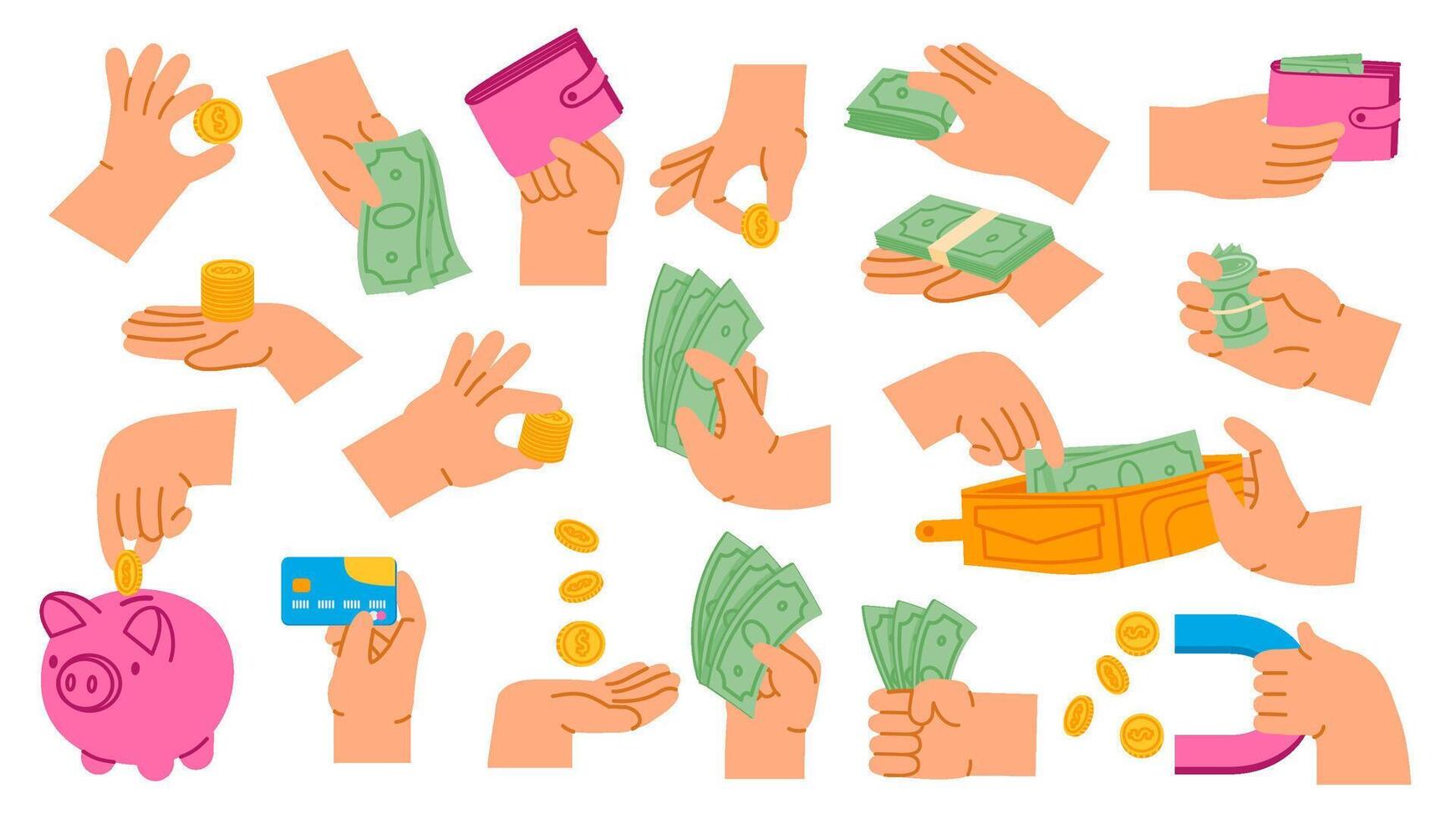 Hands holding money. Cash payment, count coins and paying with bank card. Arm with wallet, money magnet and piggy bank cartoon set vector