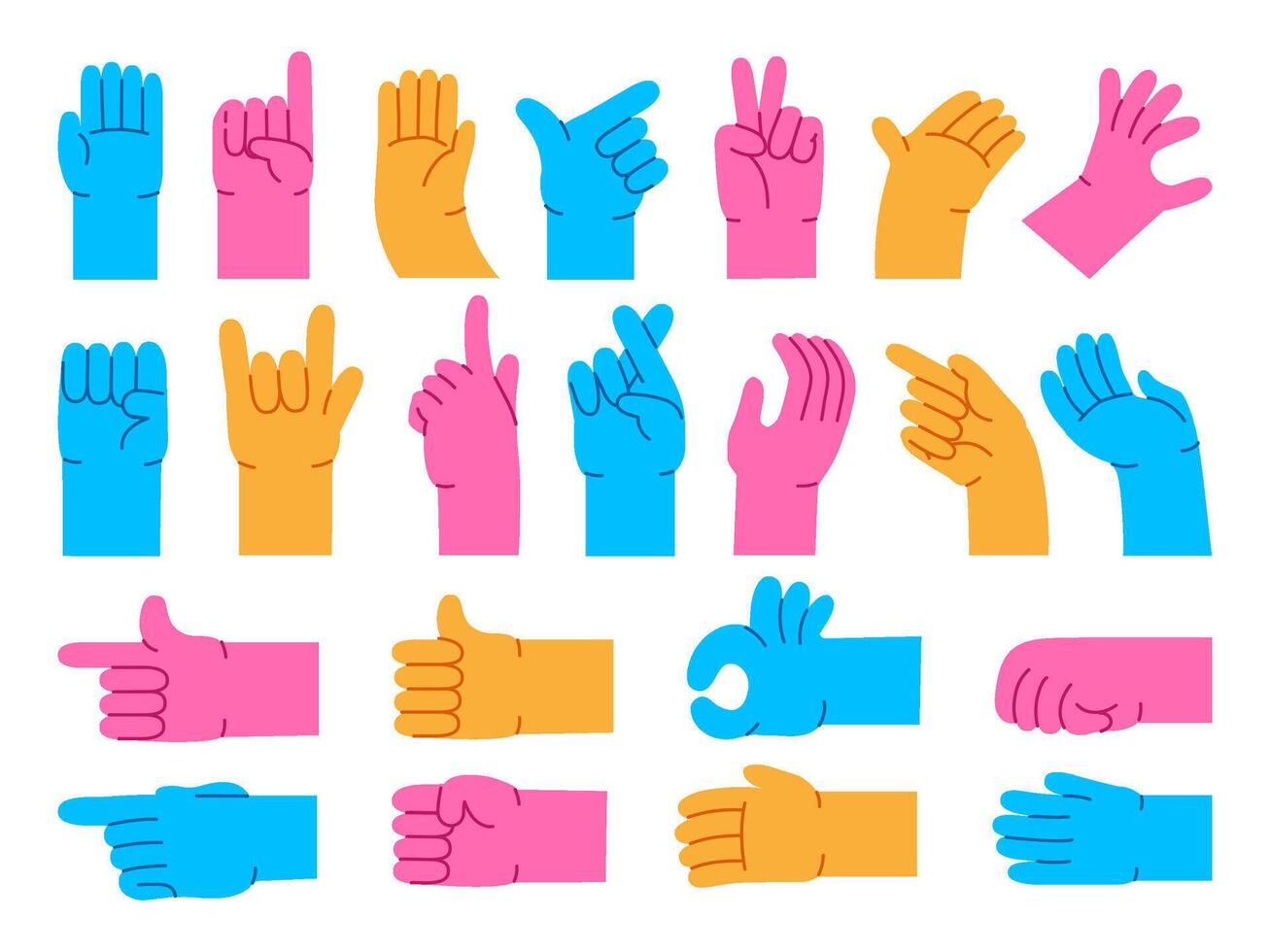 Cartoon hand gestures. Different abstract arms, color pointing hands, ok and thumb up for characters design Illustration set vector