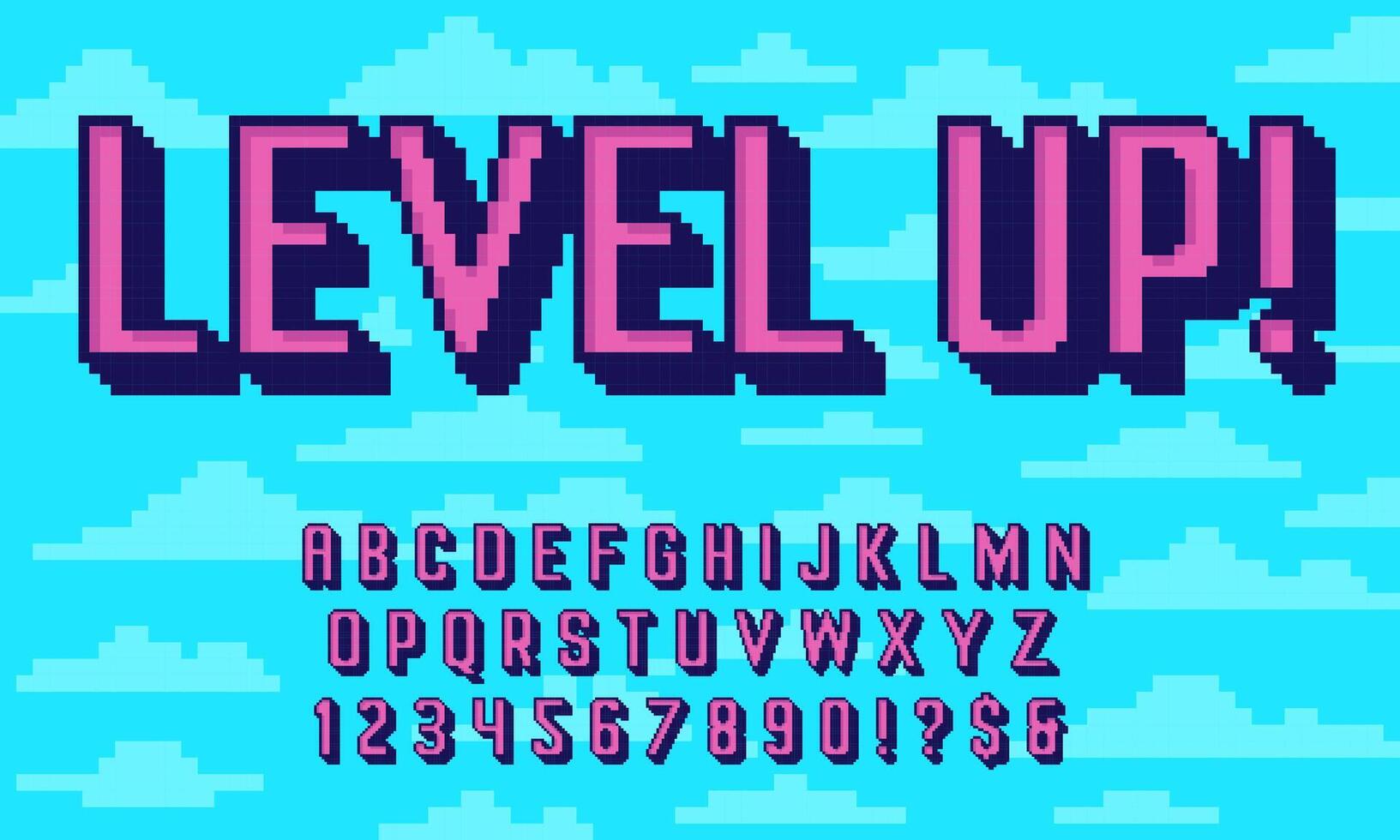 Retro pixel art 3D font. 8 bit typography alphabet, extruded letters and pixelated numbers old arcade game style set vector