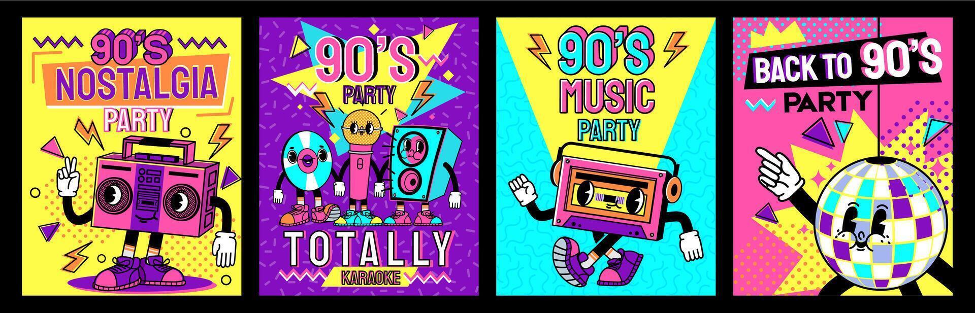 Retro party poster. Back to 90s, nostalgia music and karaoke flyer design with cartoon characters set vector