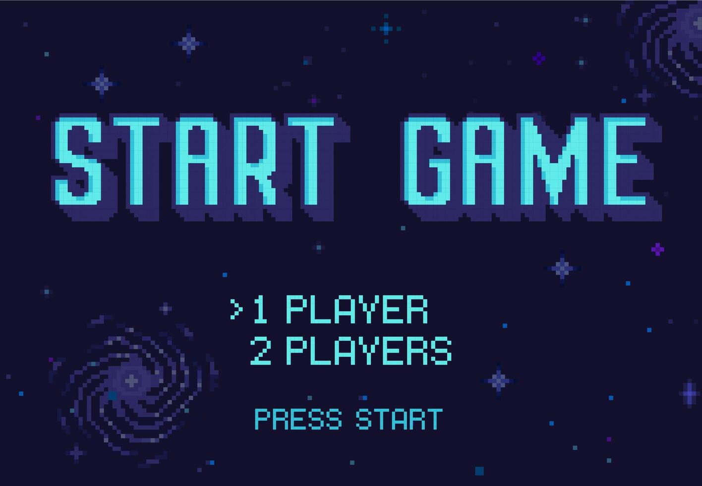 Pixel art Start Game screen. Retro 8 bit space games starting options with press start button, starry universe background Illustration vector