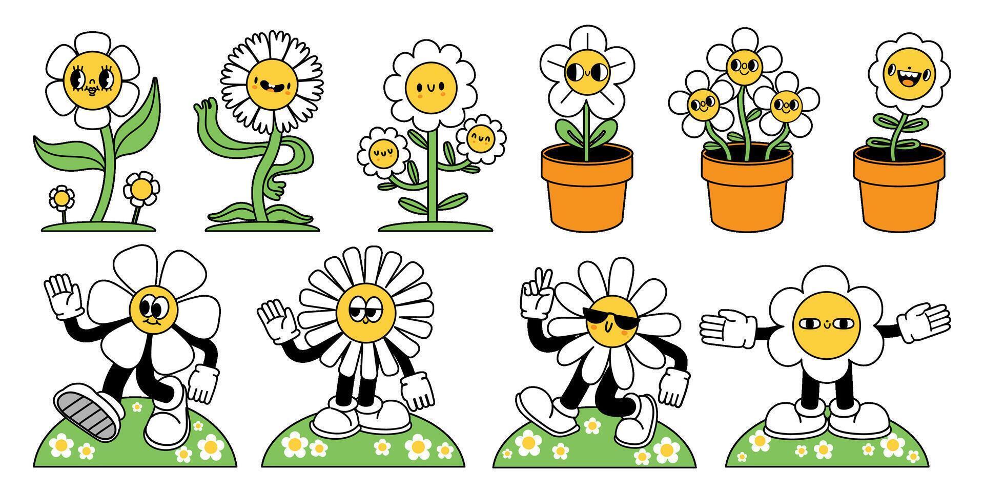 Cartoon flower mascot. Happy daisy in pot, cool spring mascot and retro flowers characters with hands and legs set vector