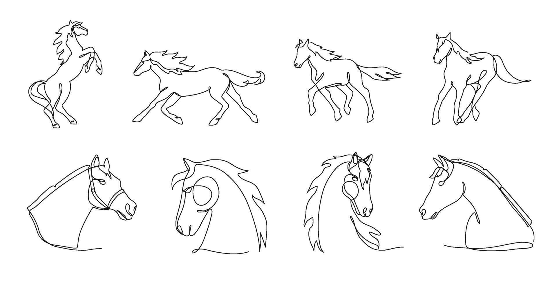 One line horses. Minimalism horse portrait and silhouette, stable animals single continuous line illustration set vector