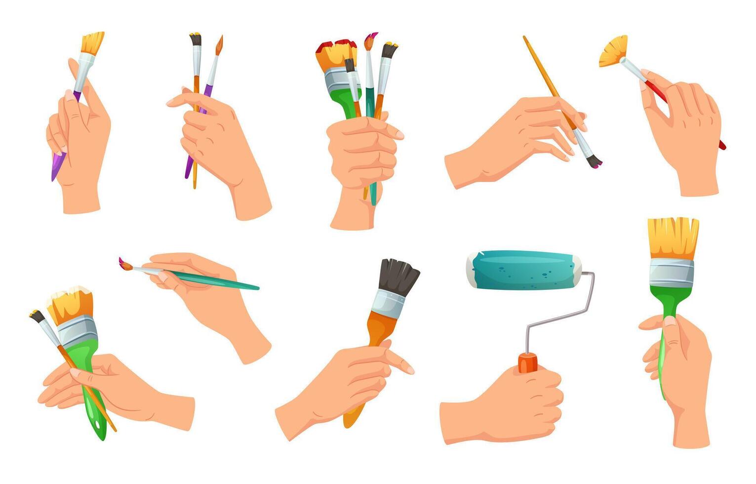Paint brushes in hands. Creative drawing, artwork studio workshop and artist hand holding painting tool cartoon set vector
