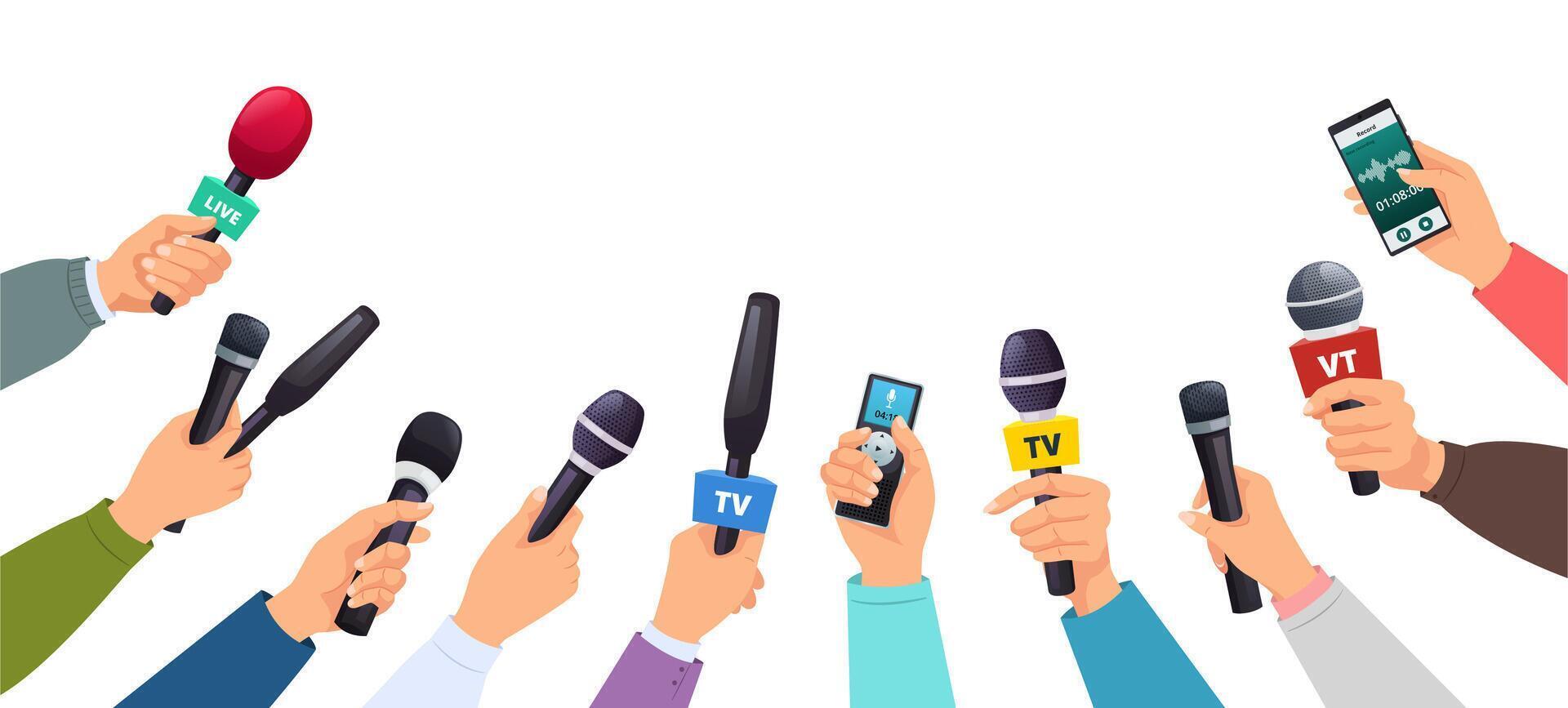 Press conference. News reporters and journalists hands with microphones record broadcaster announcement talks illustration vector