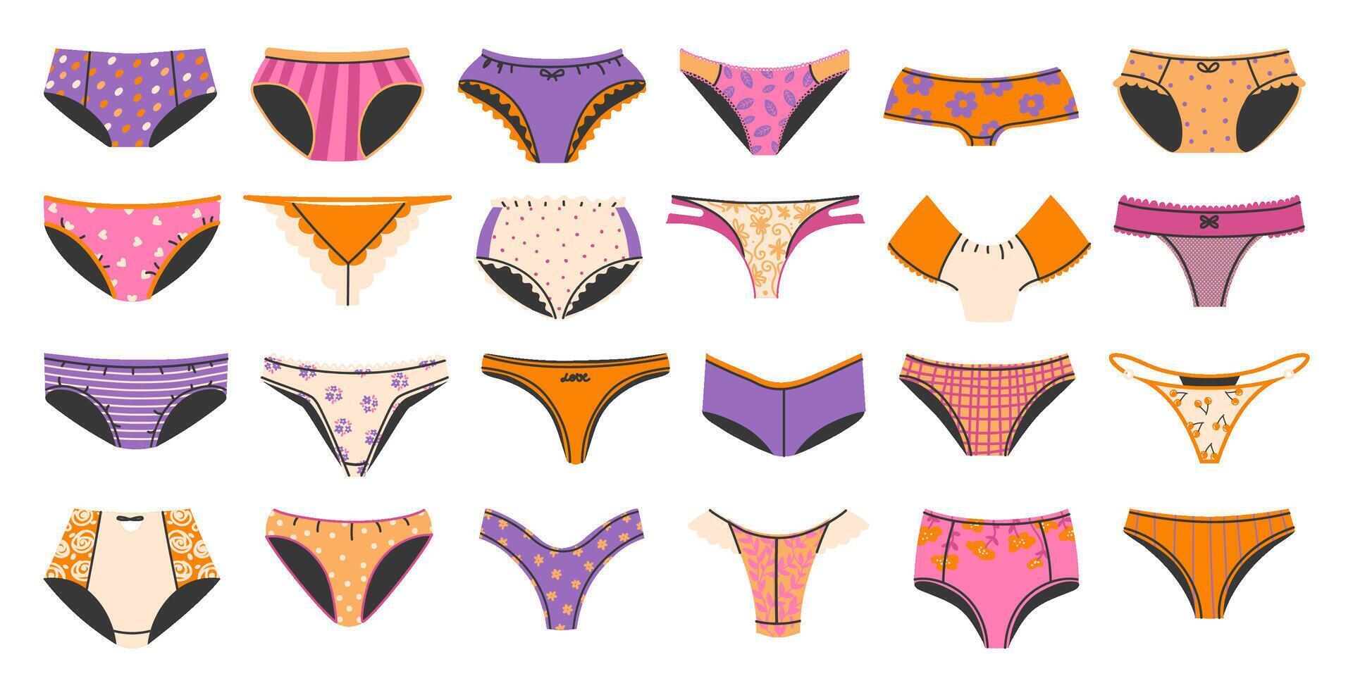 Women panties. Female underwear types, lady wardrobe lingerie and underpants models set vector