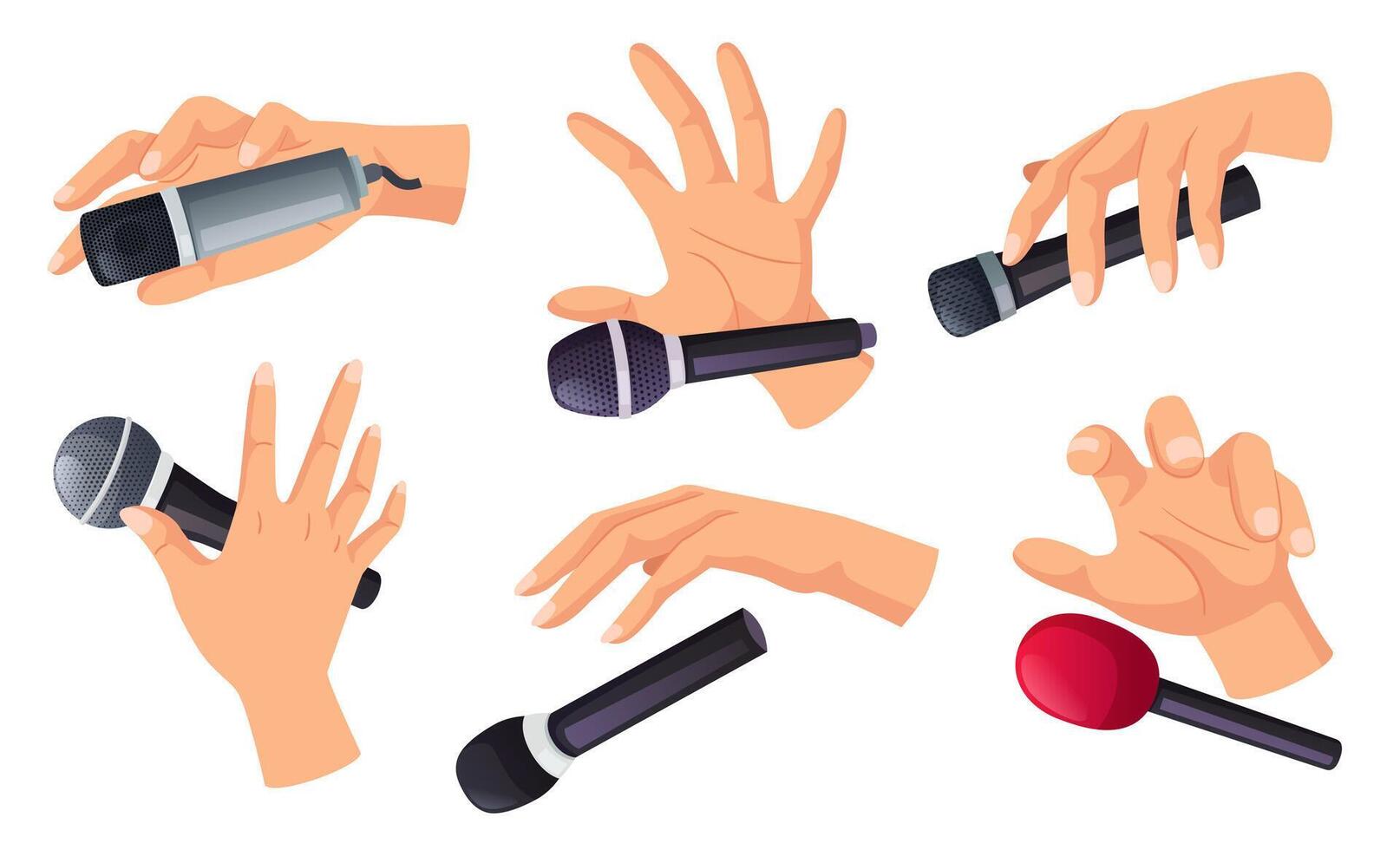 Mic drop gesture. Cartoon hand holding and dropping microphone to end performance epically isolated Illustration set vector