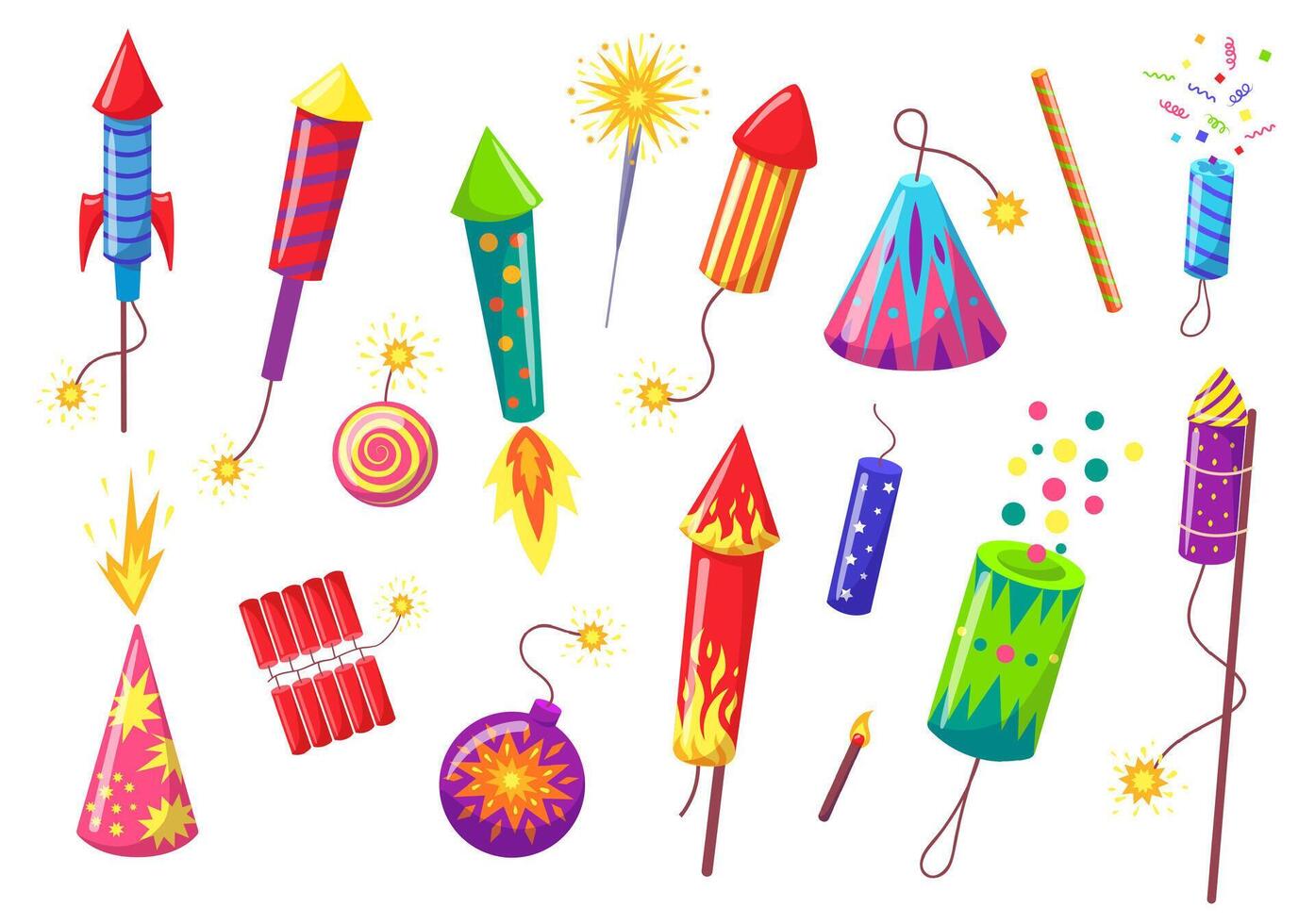 Cartoon holiday pyrotechnics. Festive petards, pyrotechnic fireworks rockets and firecrackers. Holiday decorative bombs set vector