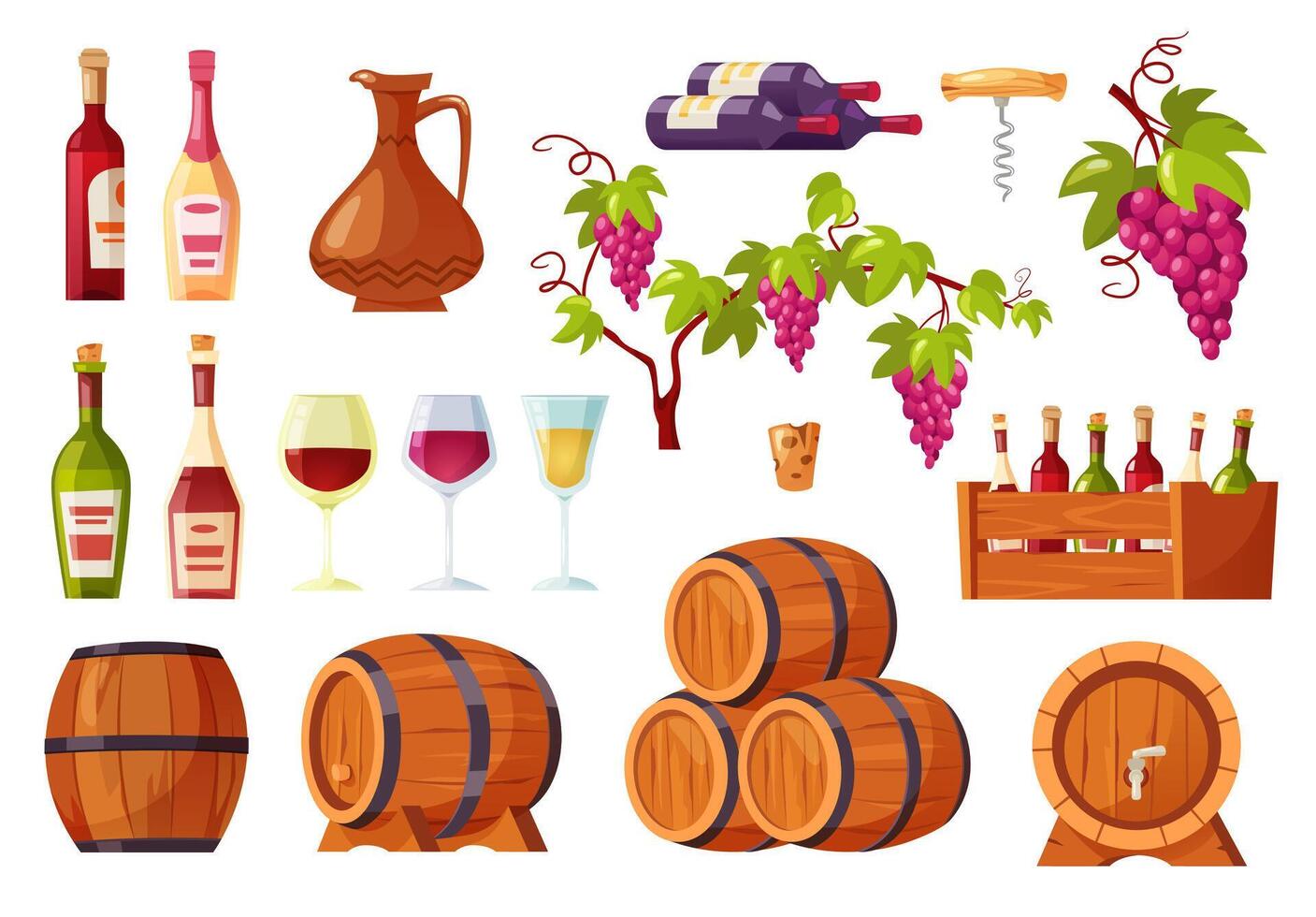 Cartoon wine. Alcohol bottles and barrels, wooden corkscrew, bunch of grapes and glasses of wine isolated set vector