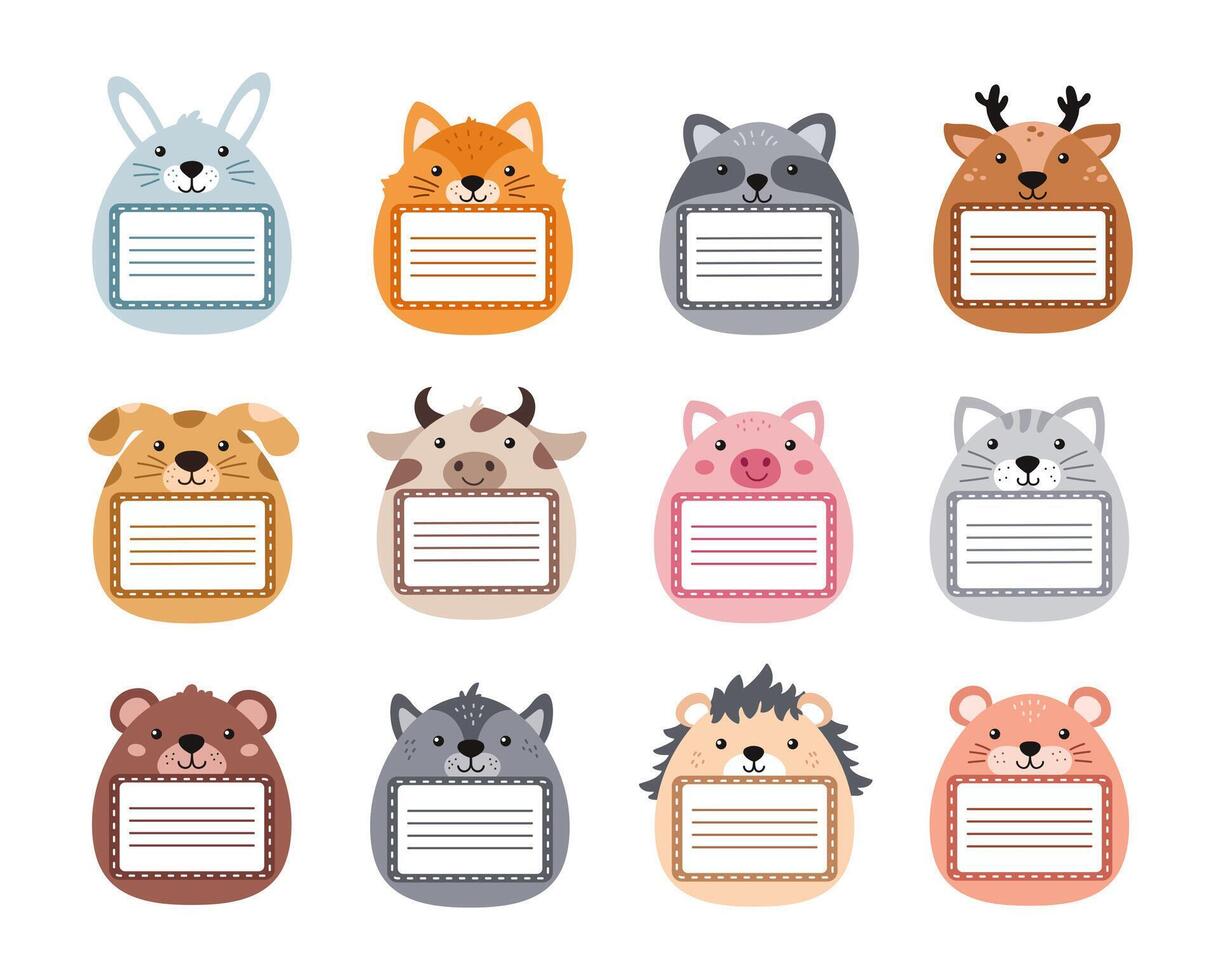 Animal notebooks labels. Cute pastel scrapbook tag sticker, notebook owner name frame with pet face and tag border set vector