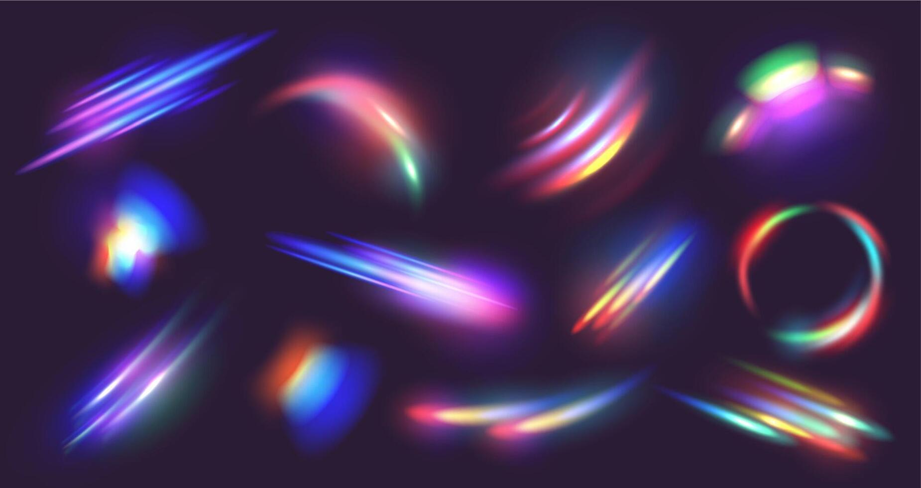 Diamond prism light flares. Crystal caustic light, lens effects and diamond refraction colors overlay set vector