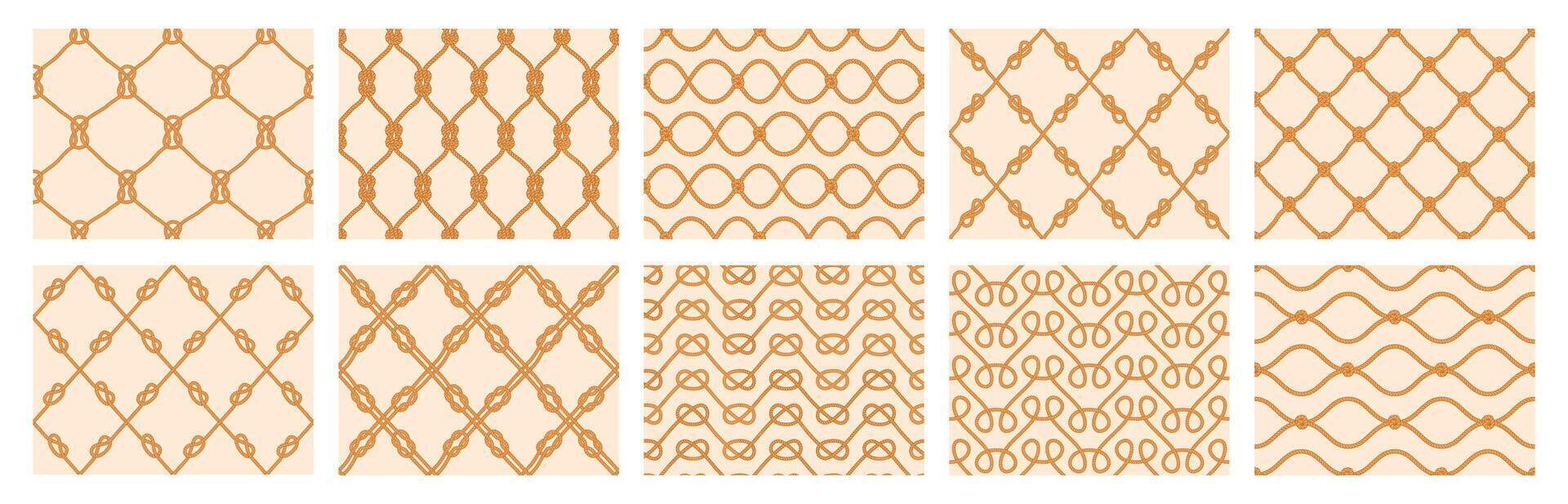 Nautical rope patterns. Seamless marine cord ornaments, sailor rope knots and net grid background set vector
