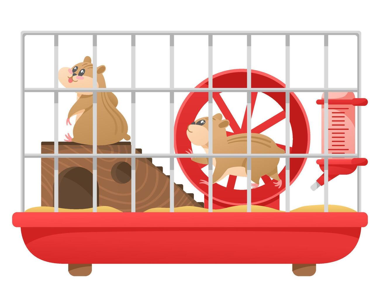 Cartoon hamster cage. Cute pet runs in wheel, pair of small happy hamsters in pet store isolated illustration vector