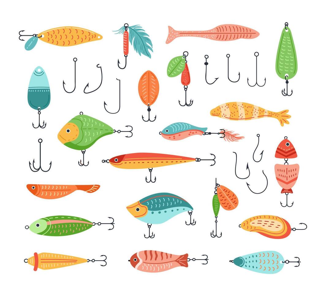 Fishing baits. Fish lure with hook, cartoon fisherman tackle and artificial fishes shapes set vector