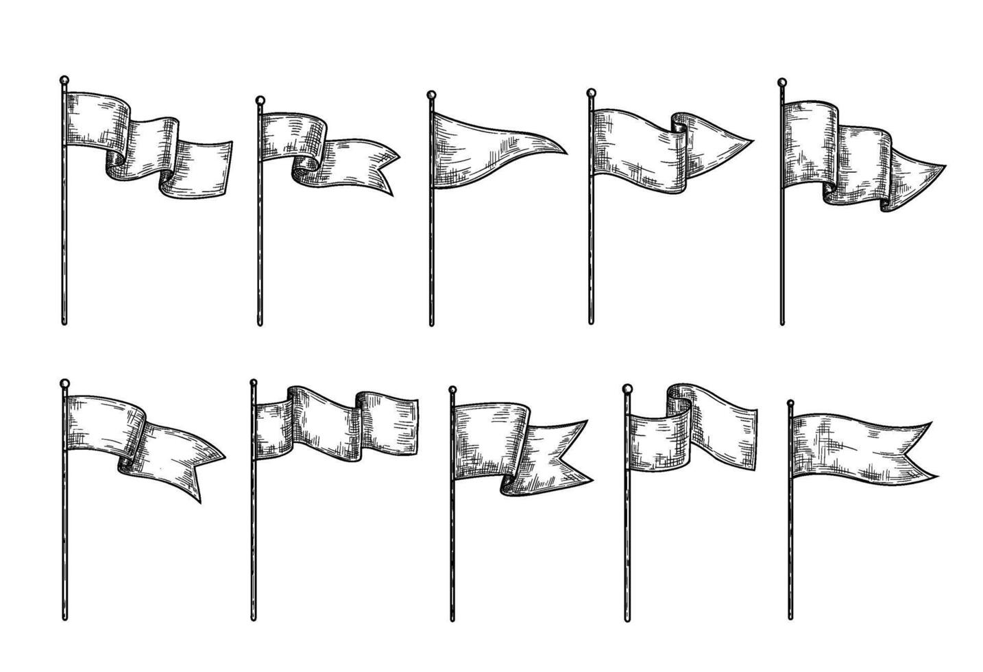 Hand drawn flags. Sketch waving fabric on pole, different flag engraving shapes with waves, empty isolated set vector