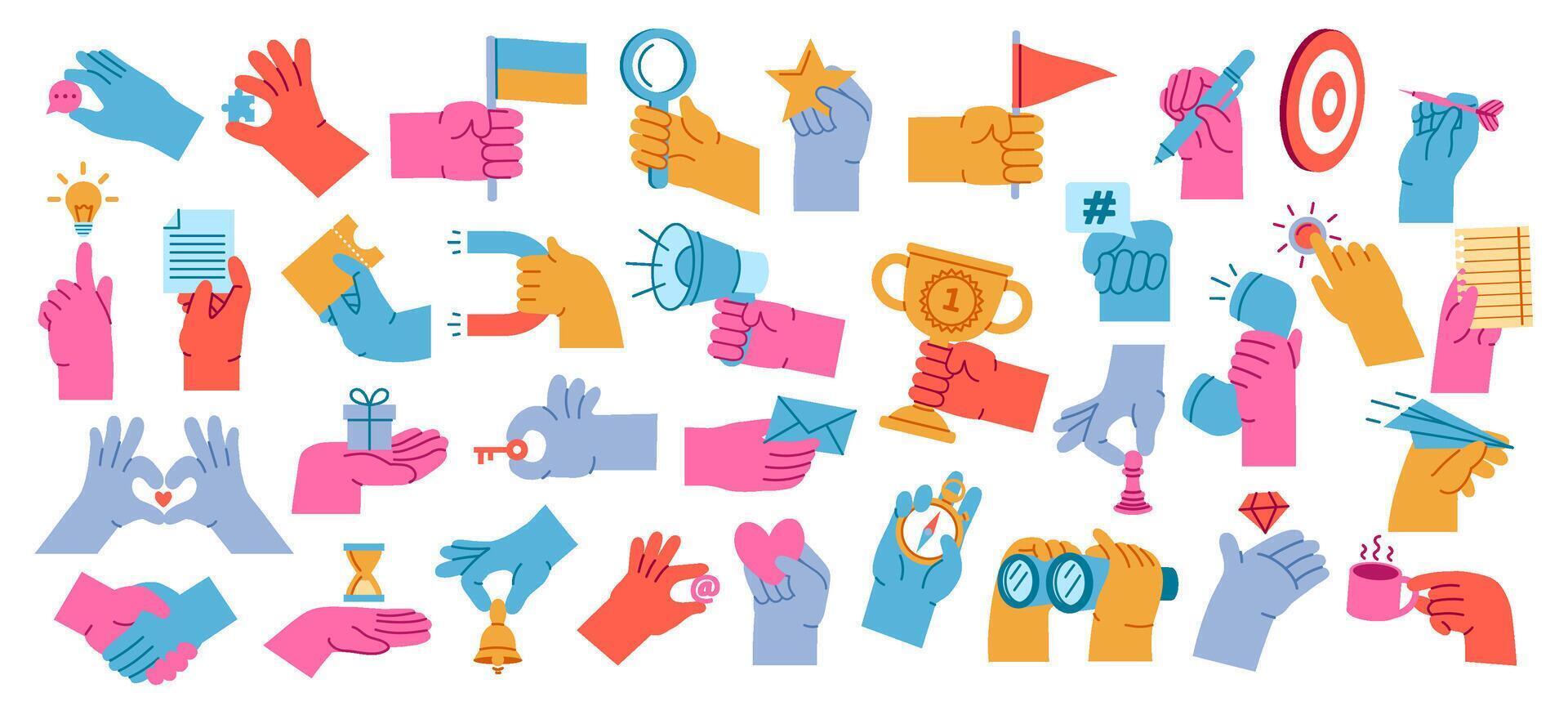 Cartoon hands holding objects. Colorful arms with flag, binocular and magnet. Hand gestures with megaphone, ticket and Idea light bulb set vector