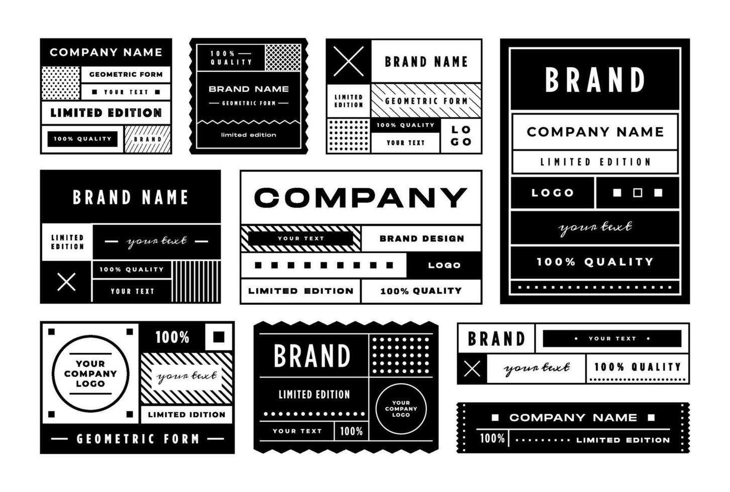 Minimal label template. Geometric tag layout, retro package grid frame and branded sticker design set vector