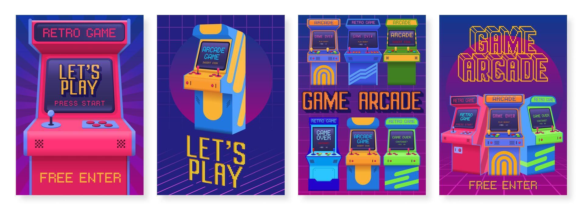 Retro gaming posters. Arcade game event invitation flyer, lets play poster with old gaming machines set vector