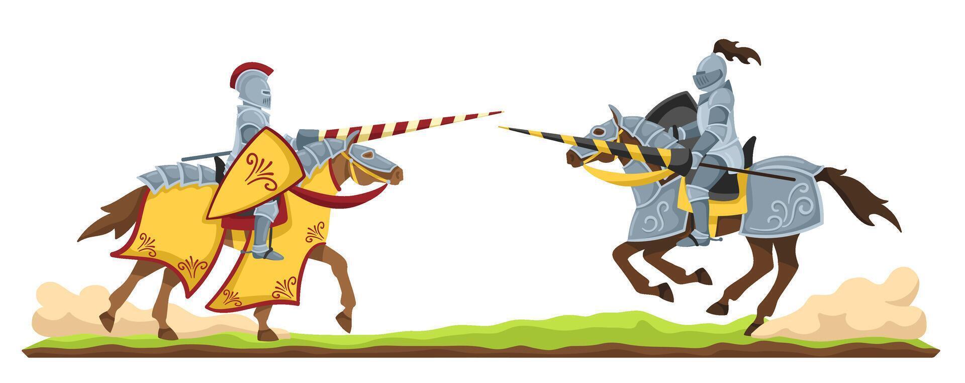 Knights tournament. Medieval knight in armor on horseback, chivalry horse battle with two opponents cartoon illustration vector