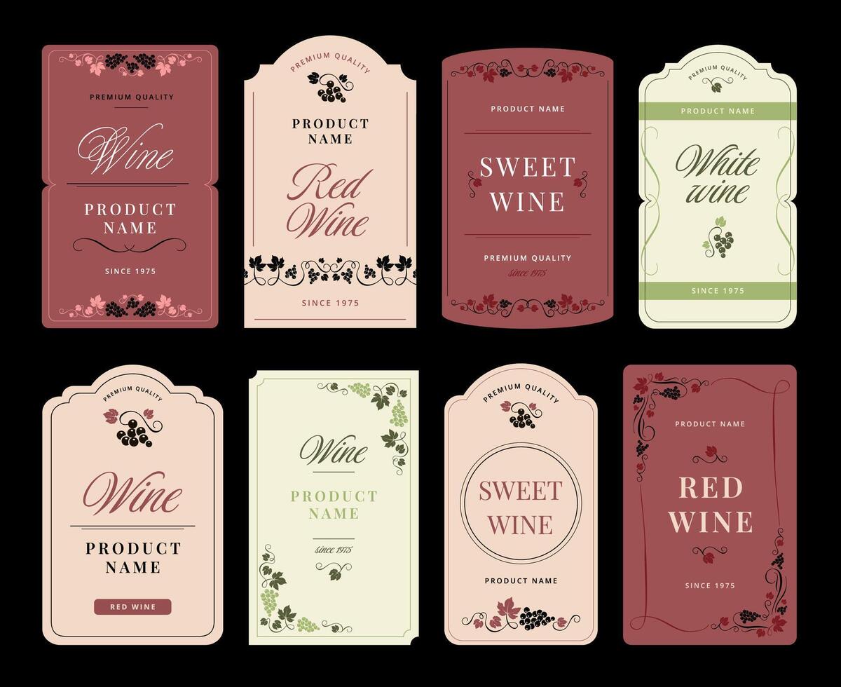 Floral wine bottle label. Winery sticker template with grapes vine, vertical vineyards frame for alcohol and elegant grape ornaments border set vector