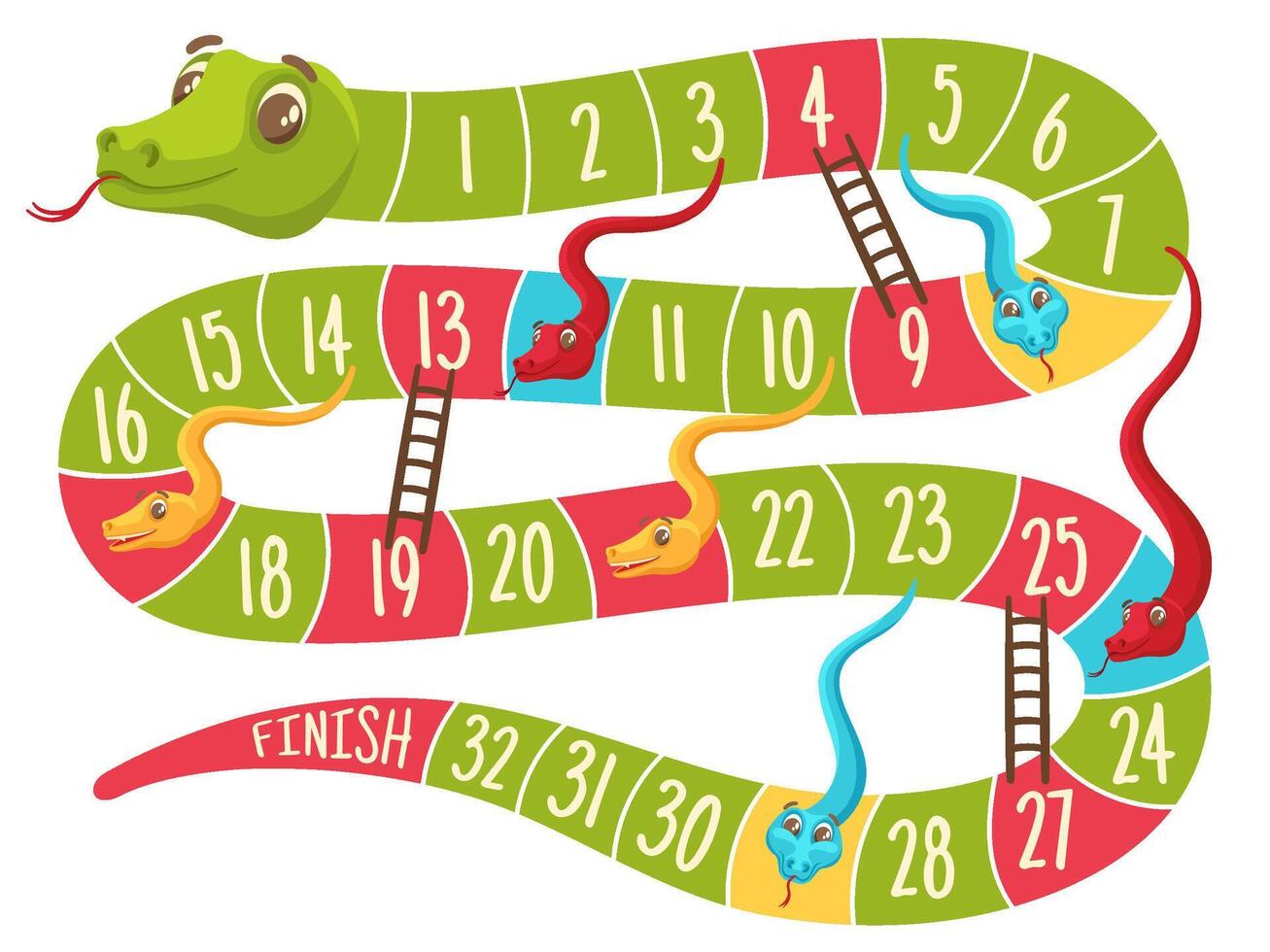 Snake and ladders game. Level grid board with cute color snakes for ...
