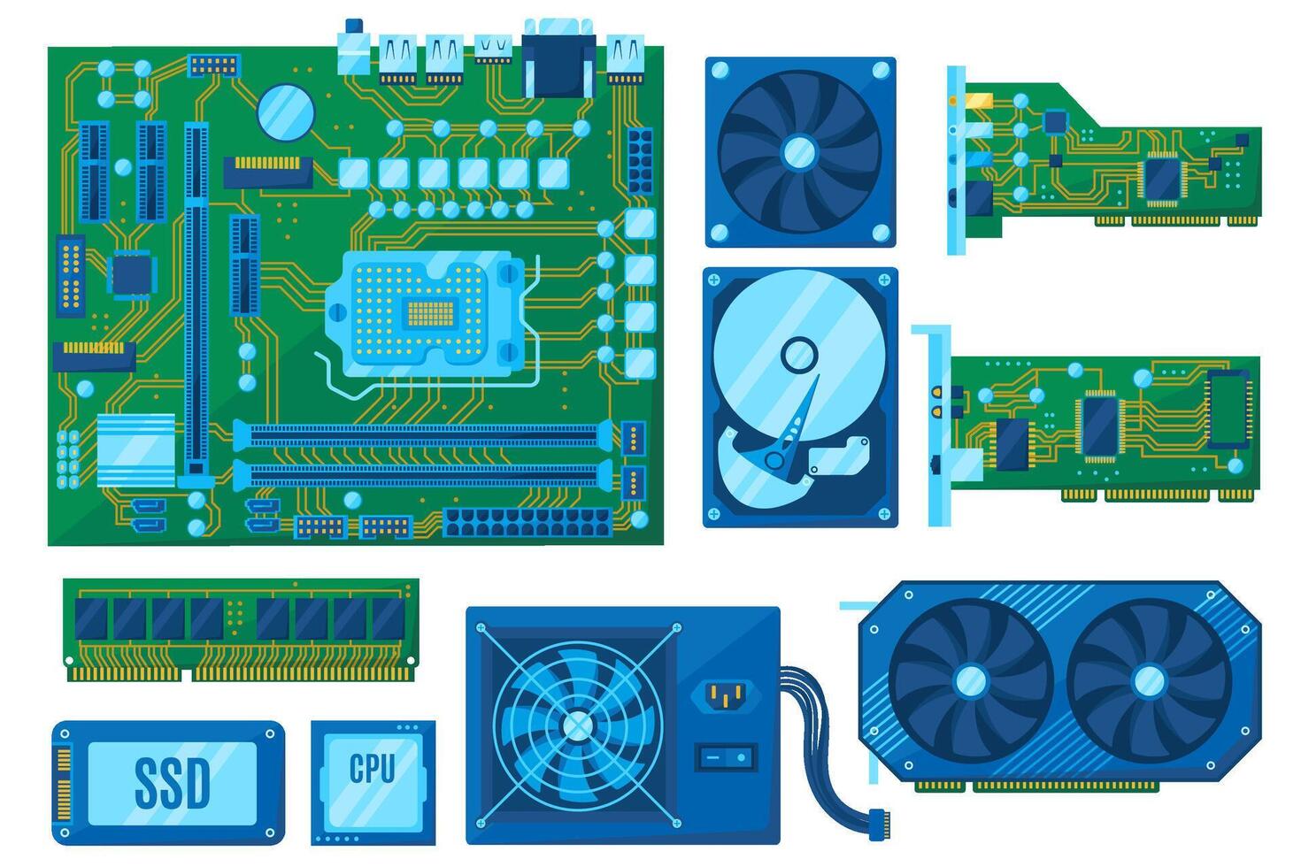 Components for computer build. PC motherboard, HDD and SSD. RAM bar, CPU and GPU, cooler fan and power supply, audio and network card set vector