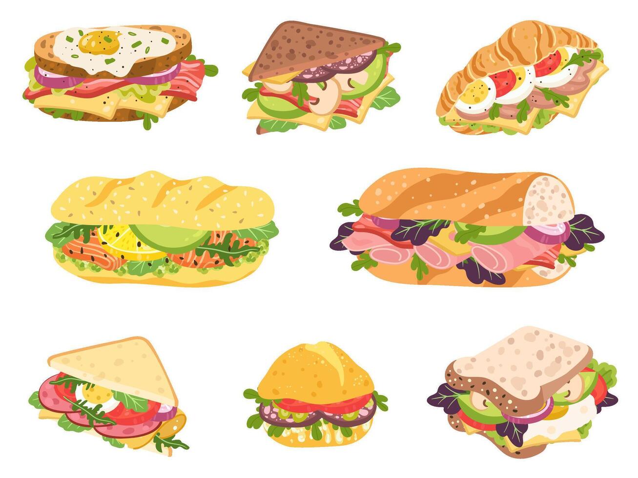 Cartoon sandwich. Delicious panini with vegetables, salmon and meat. Crispy toast, croissant and bun sandwiches set vector