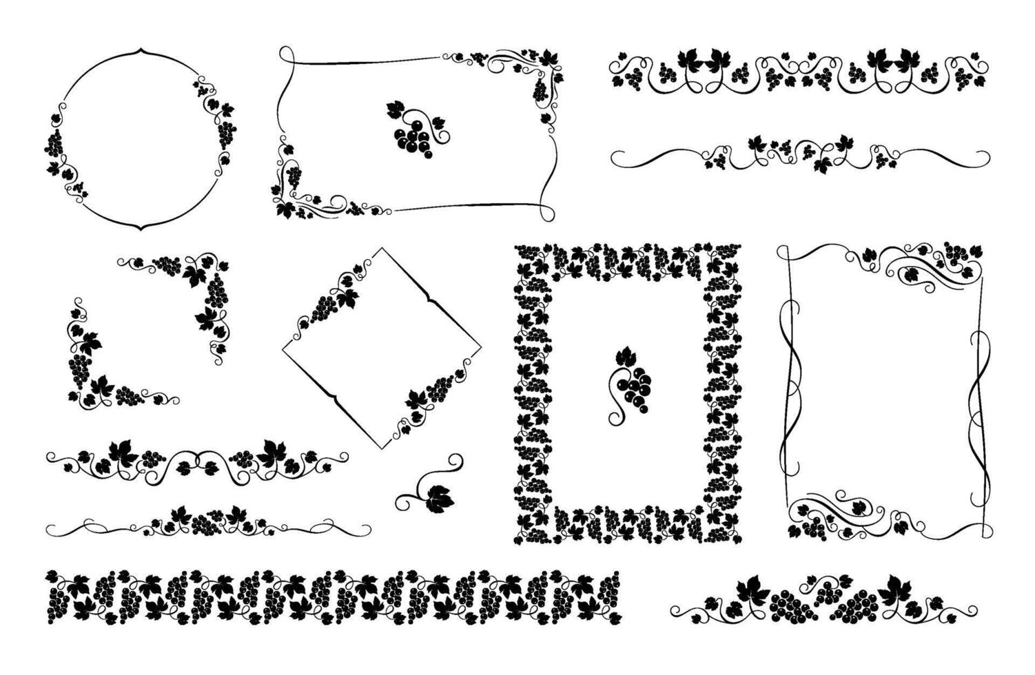 Retro grapes label elements. Grape vine divider, retro wine frame and vineyard border. Raisins set vector