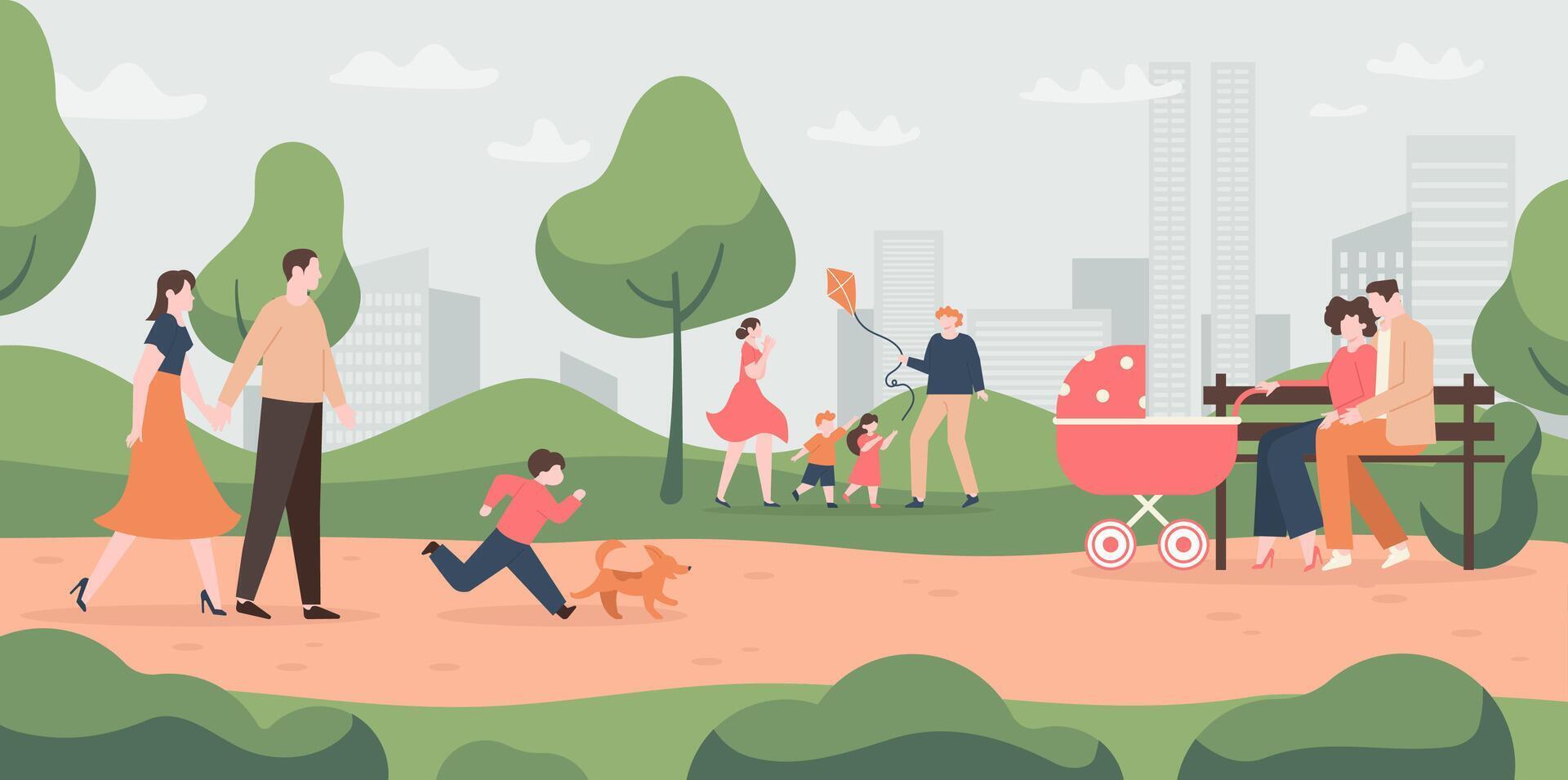Cartoon family playing and walking with kids in park. Parents with children flying kite. Mother, father sitting on bench with pram vector
