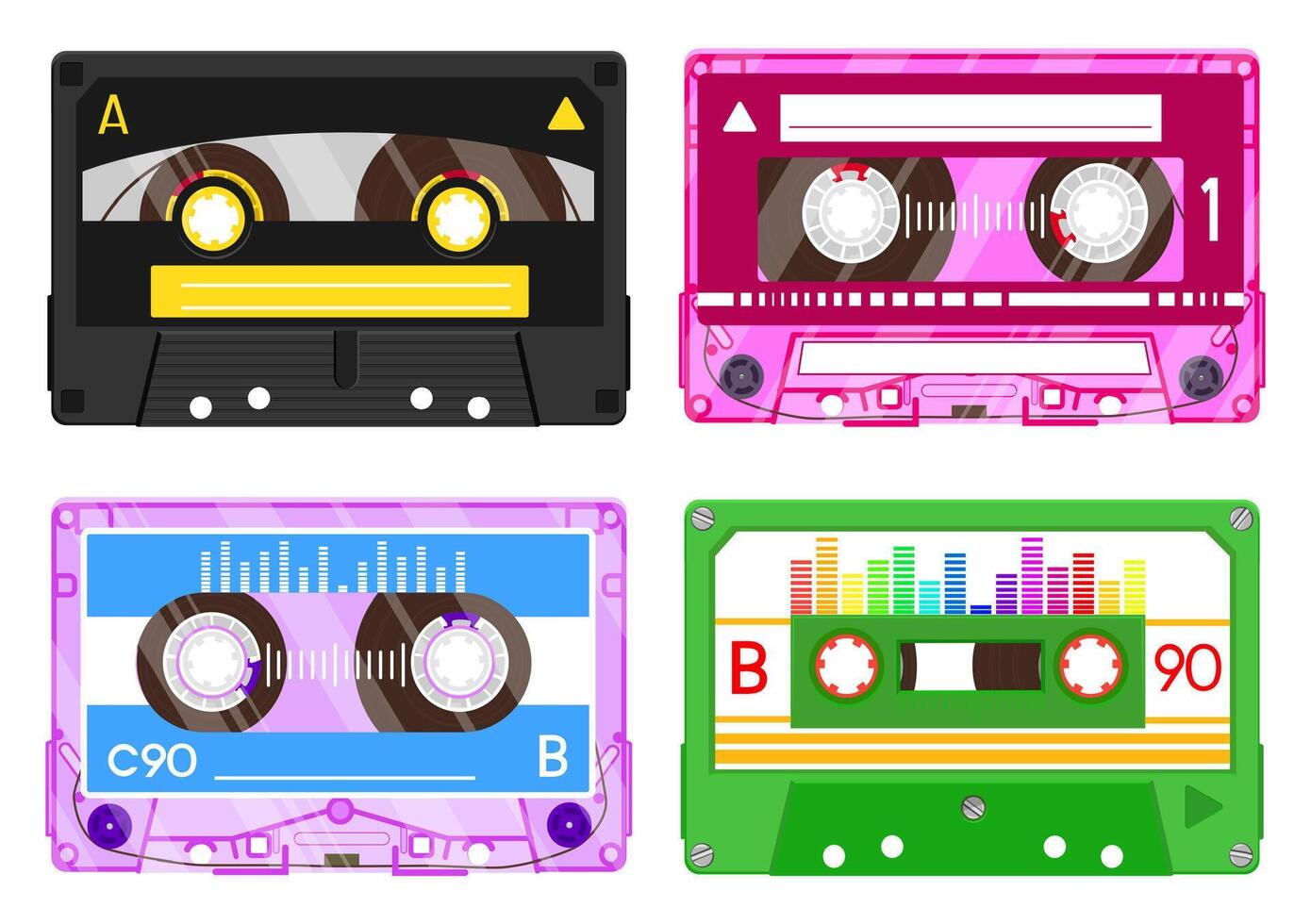 Audio record tapes, retro 90s music. Plastic colorful cassette with music mix. Old recording technology, 80s equipment vector
