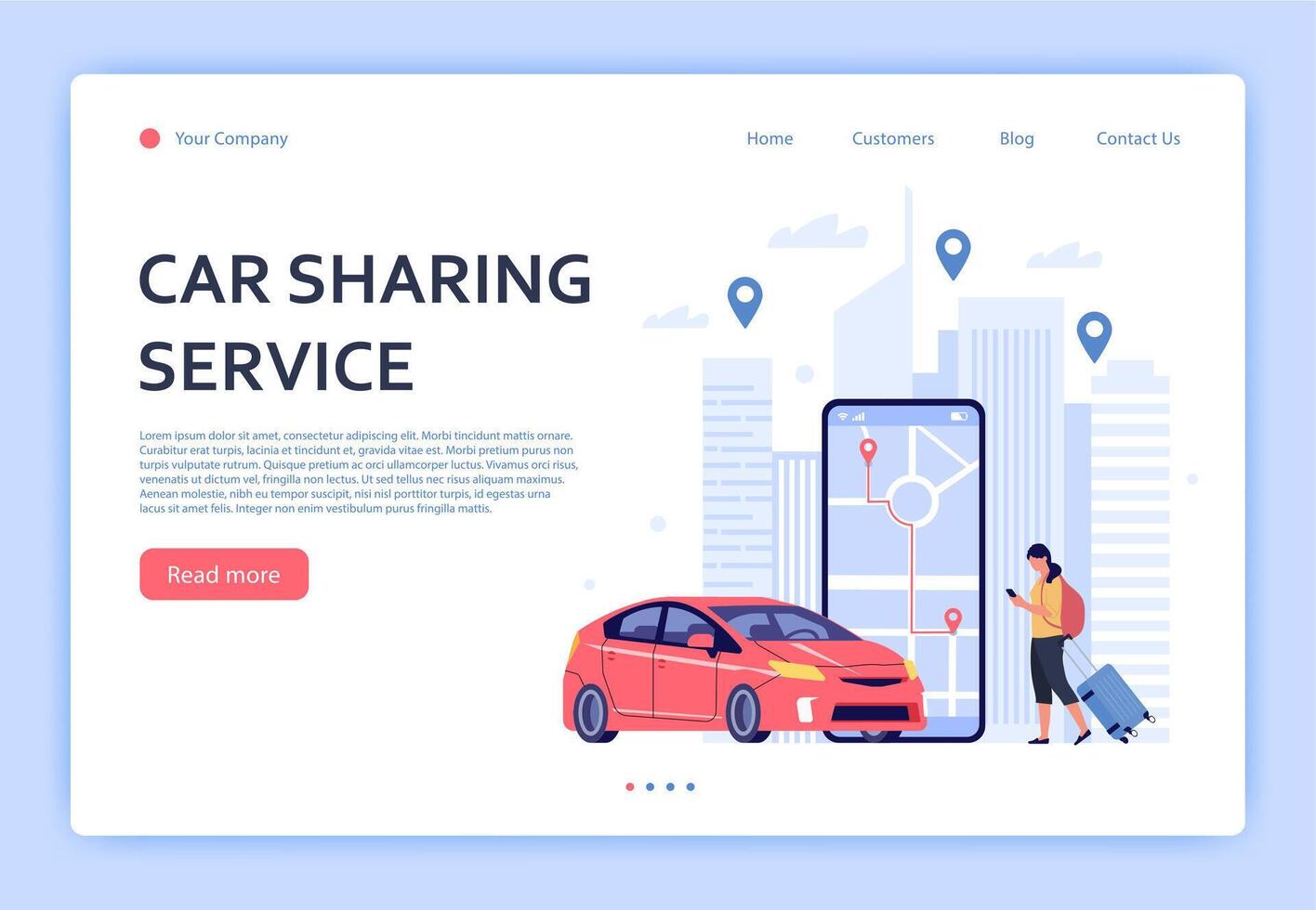 Cars rent phone services. Woman traveler with big smartphone device looking at map, searching vehicle in mobile application vector