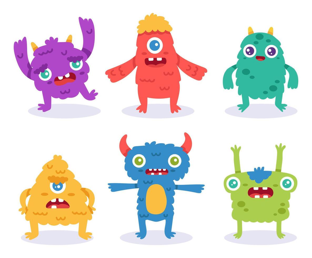 Cartoon monster characters. Colorful funny creatures in different positions. Spooky furry animals for halloween vector