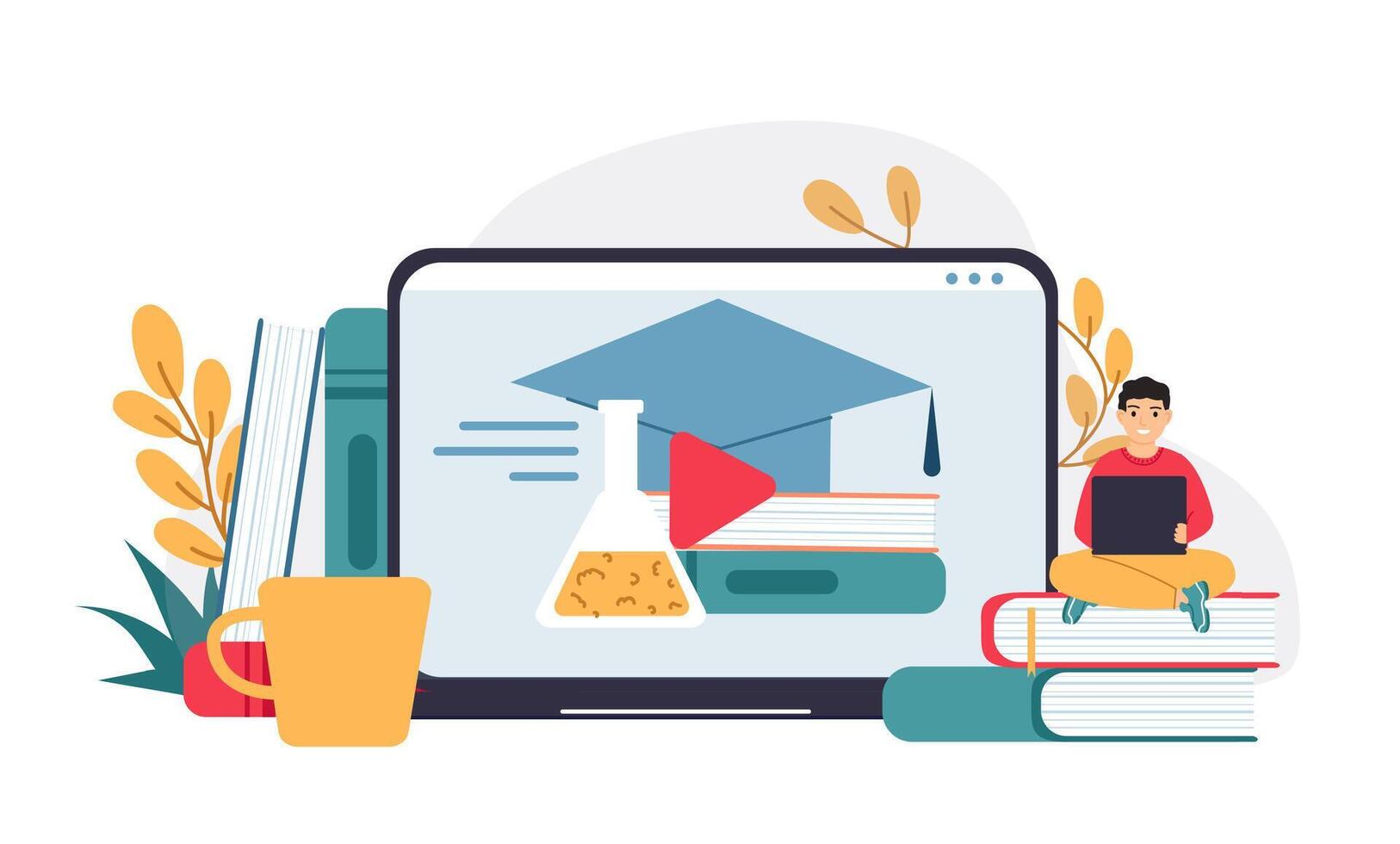 Distance education. Boy sitting on pile of books and holding tablet. Big device screen with chemistry lesson vector