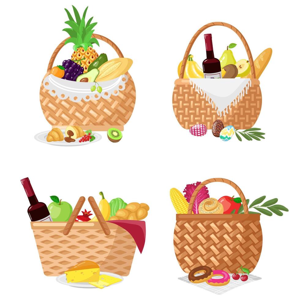 Picnic baskets. Wicker containers with fruit, vegetables, bread and bottle of wine. Delicious food in straw basket vector