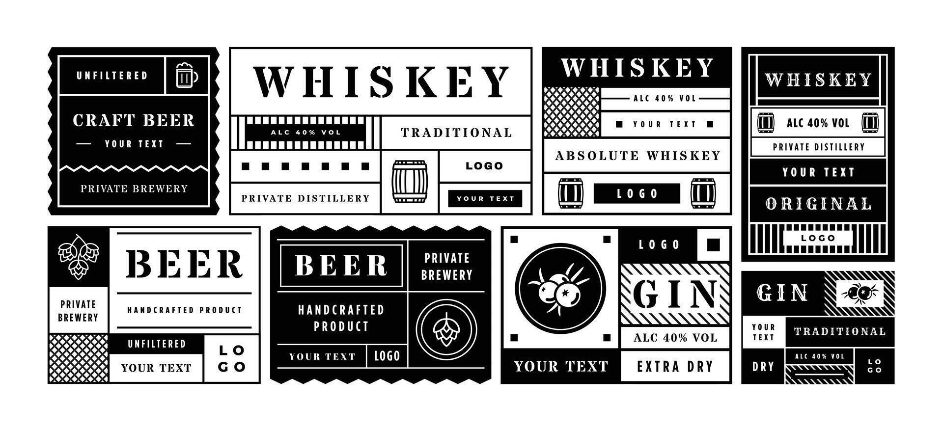 Minimal alcohol drink label template. Geometric sticker layout for craft beer, whiskey and gin bottles. Retro labels with hops and berry set. vector