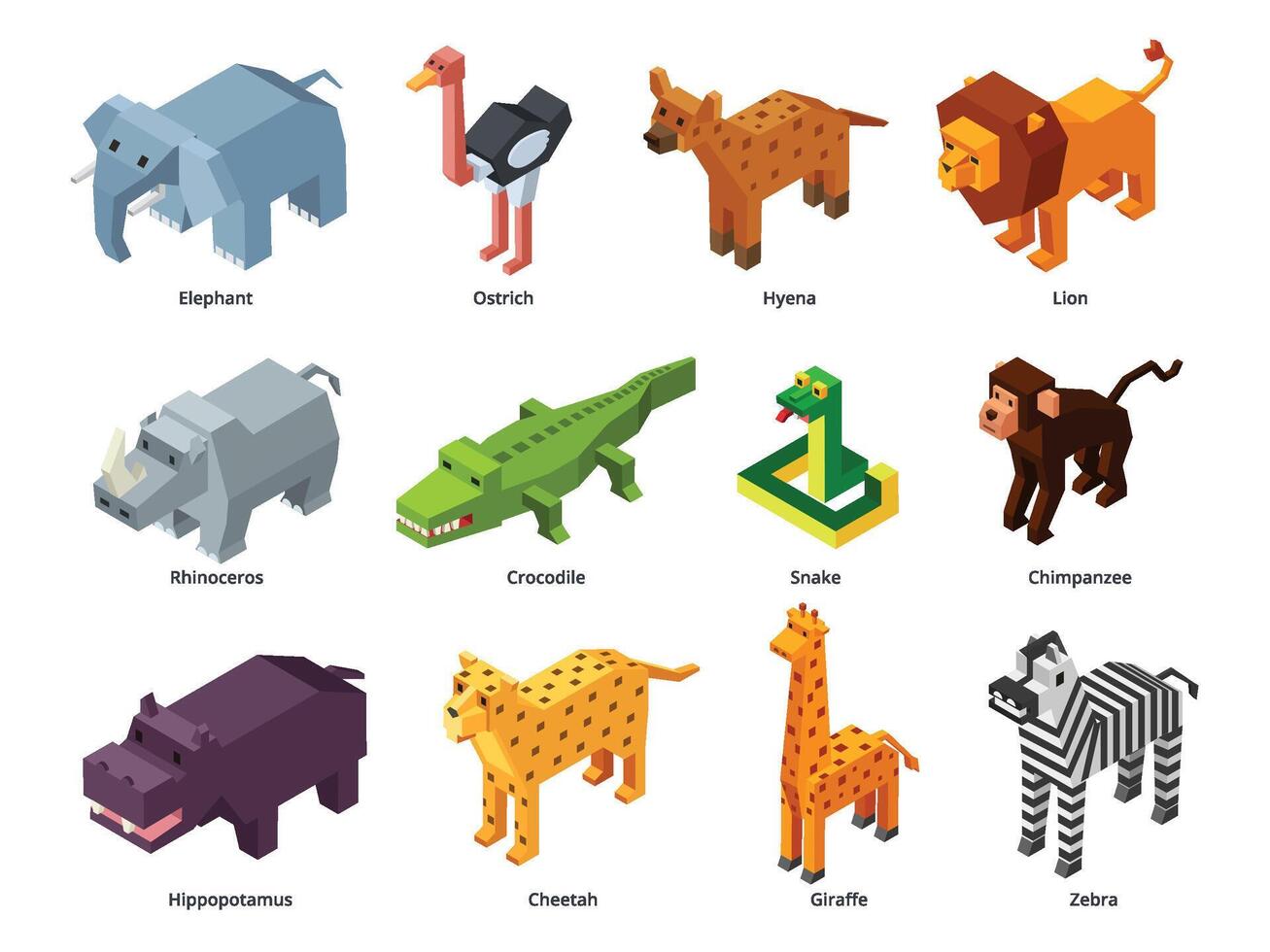 Isometric african animals. Low poly zoo, polygonal alligator, lion and giraffe. Monkey, snake, elephant toy and zebra 3D game set vector