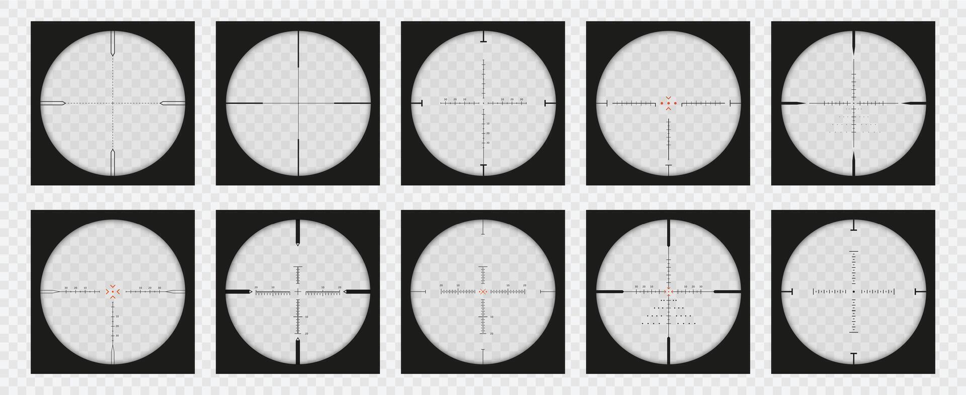Optical sight view. Sniper scope POV overlay, measurement crosshair and look through zoom lens set vector