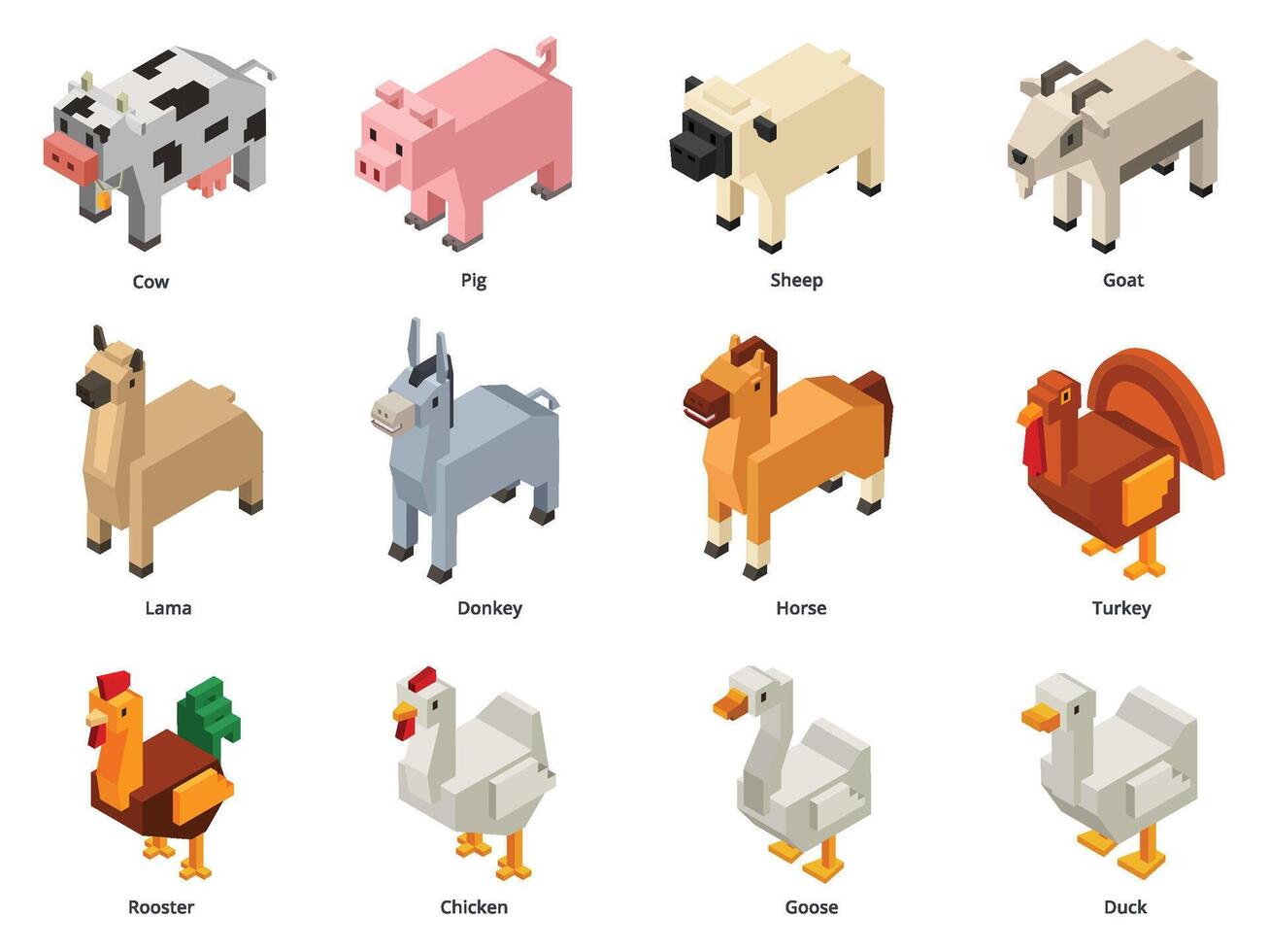 Isometric farm animals. Low poly cow, pig and sheep. Polygonal goat, voxel domestic birds and horse 3D cartoon set vector