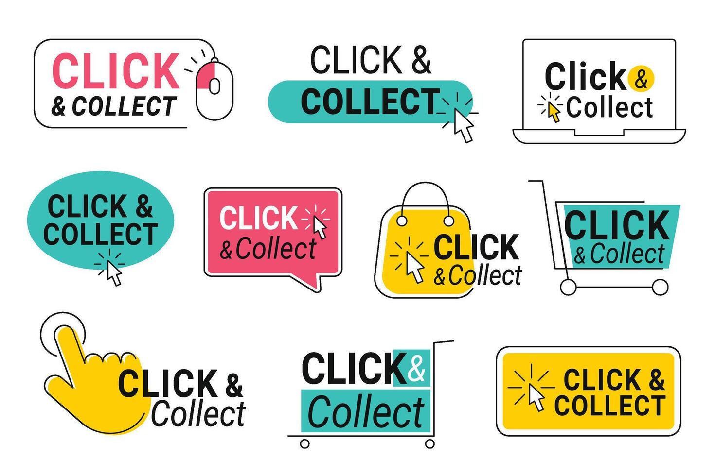 Click and collect. Online shop buttons with clicking cursor pointer, computer mouse and shopping bag set vector