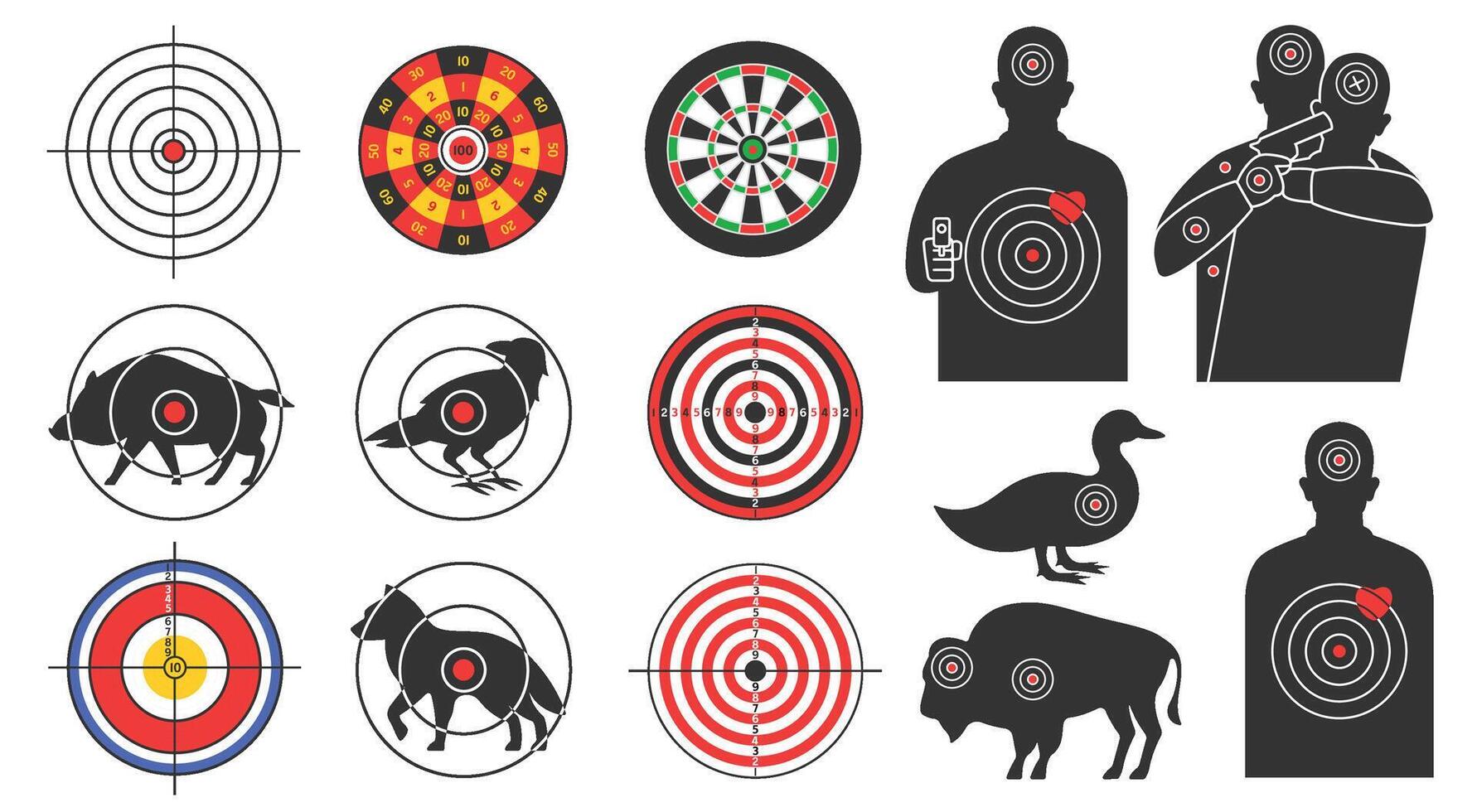 Shooting targets. Animal silhouette, armed human and hostage target for shooting range. Prints with bullseye for hunting practice set vector