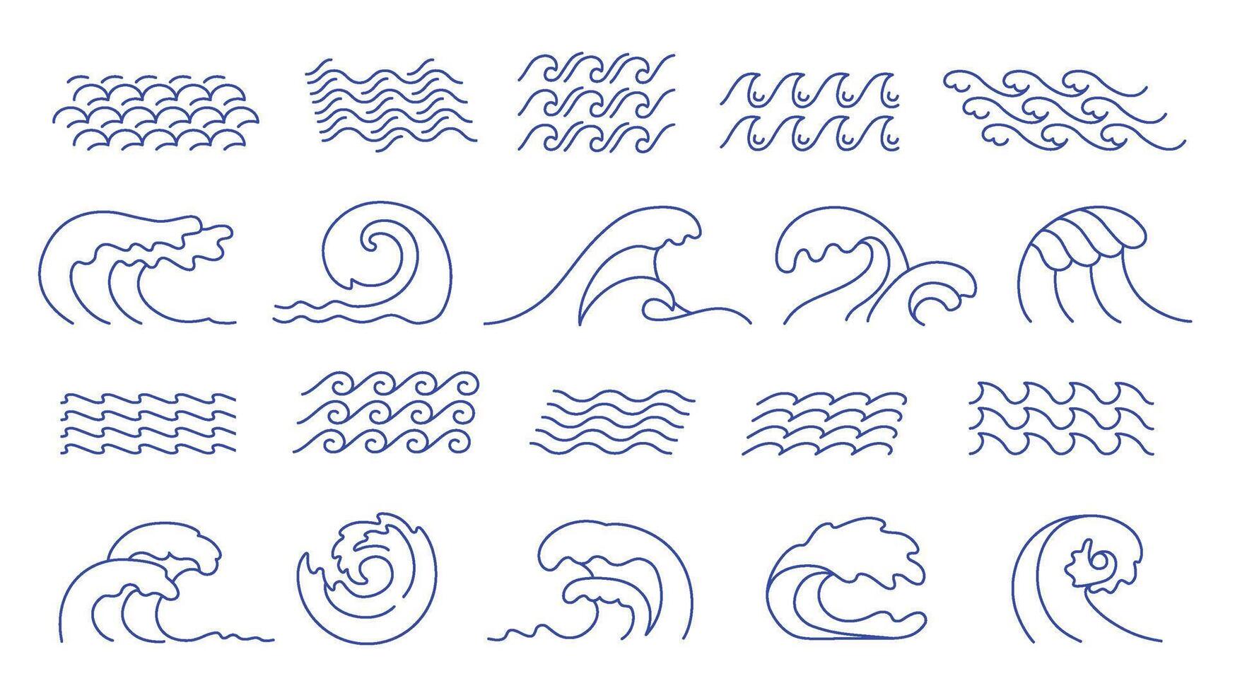 Line waves. Ocean surf curl, sea wave crest and water surface swing. Line art lake, doodle aqua and river icons set vector