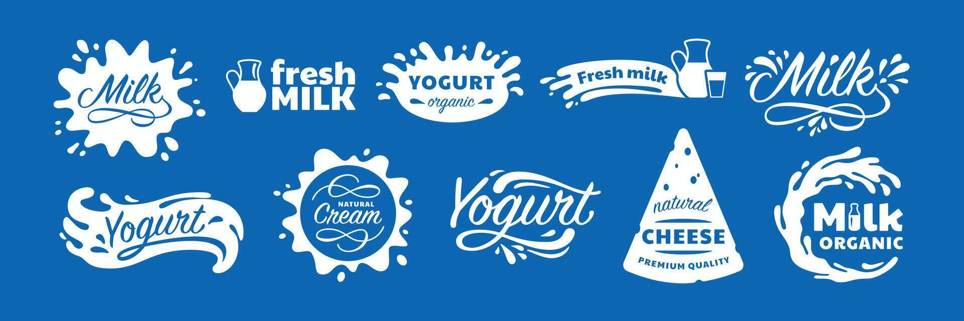 Milk product lettering labels. Yogurt splash drops, natural cheese and fresh milk emblem silhouette set vector