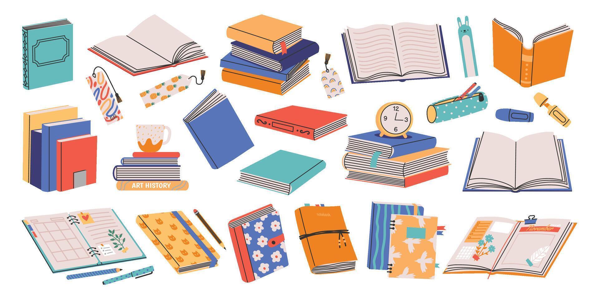 Books collection. Stack of open closed paper notebook diary textbook dictionary planners with bookmarks, cartoon literature objects. colorful collection vector