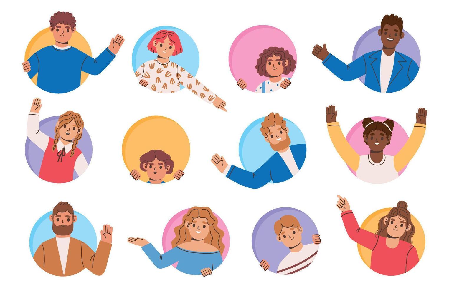 Persons in circle windows. Communicating people, welcome and pointing gestures. Looking from hole, curiosity peeping avatar set vector