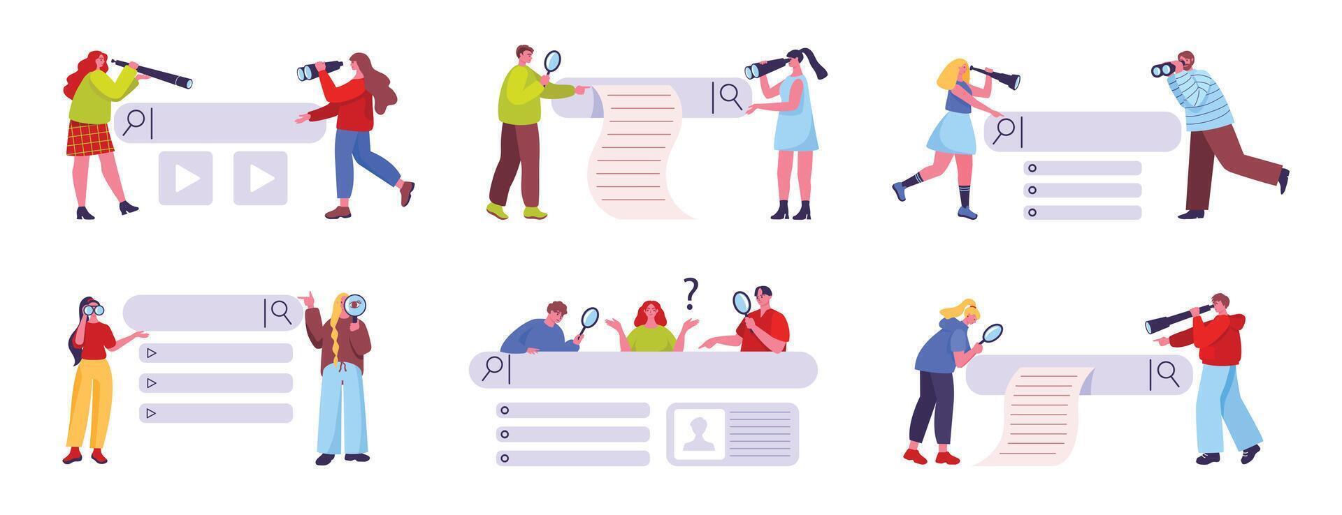 Searching people. Personalised search results, SEO optimisation and search bar with finders characters set vector
