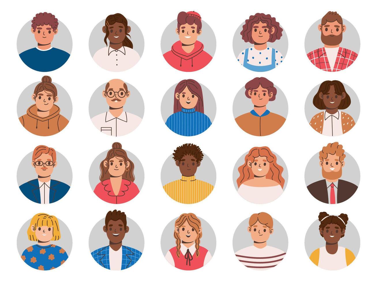 Multiethnic people portraits. Employee avatar, professional person profile picture and team persons userpic in circle frame Illustration set vector