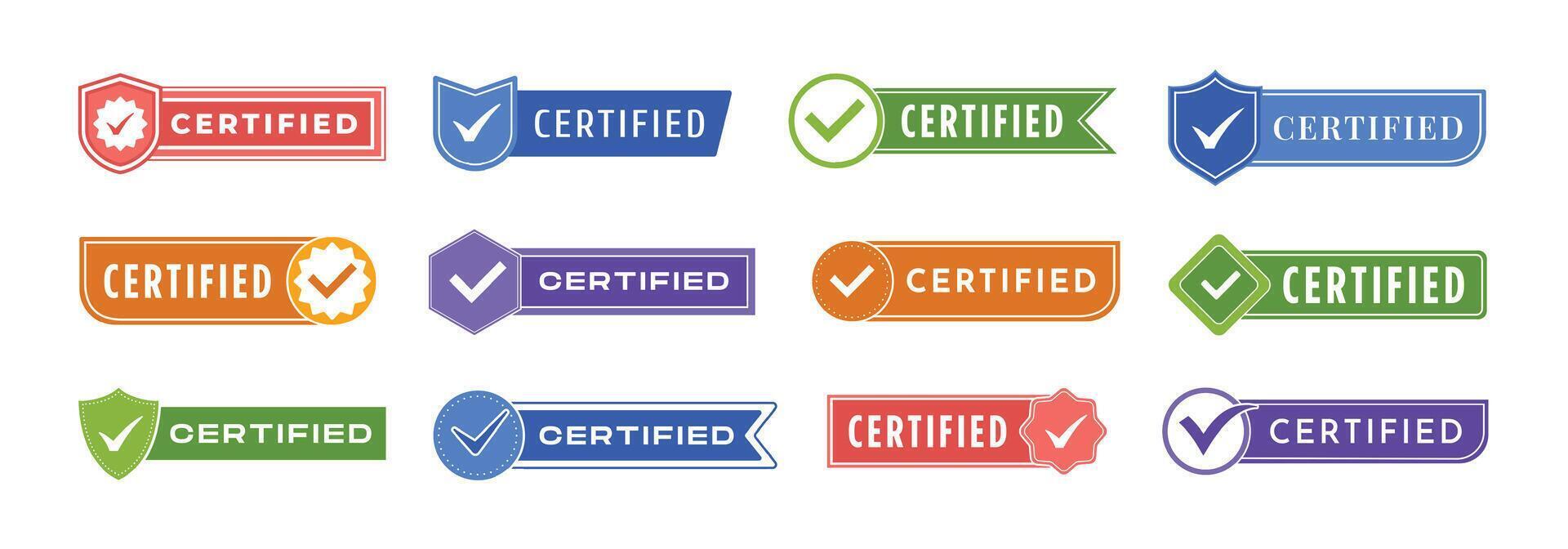 Certified label template. Badge with check mark icon, certification tag and quality approved stamp set vector