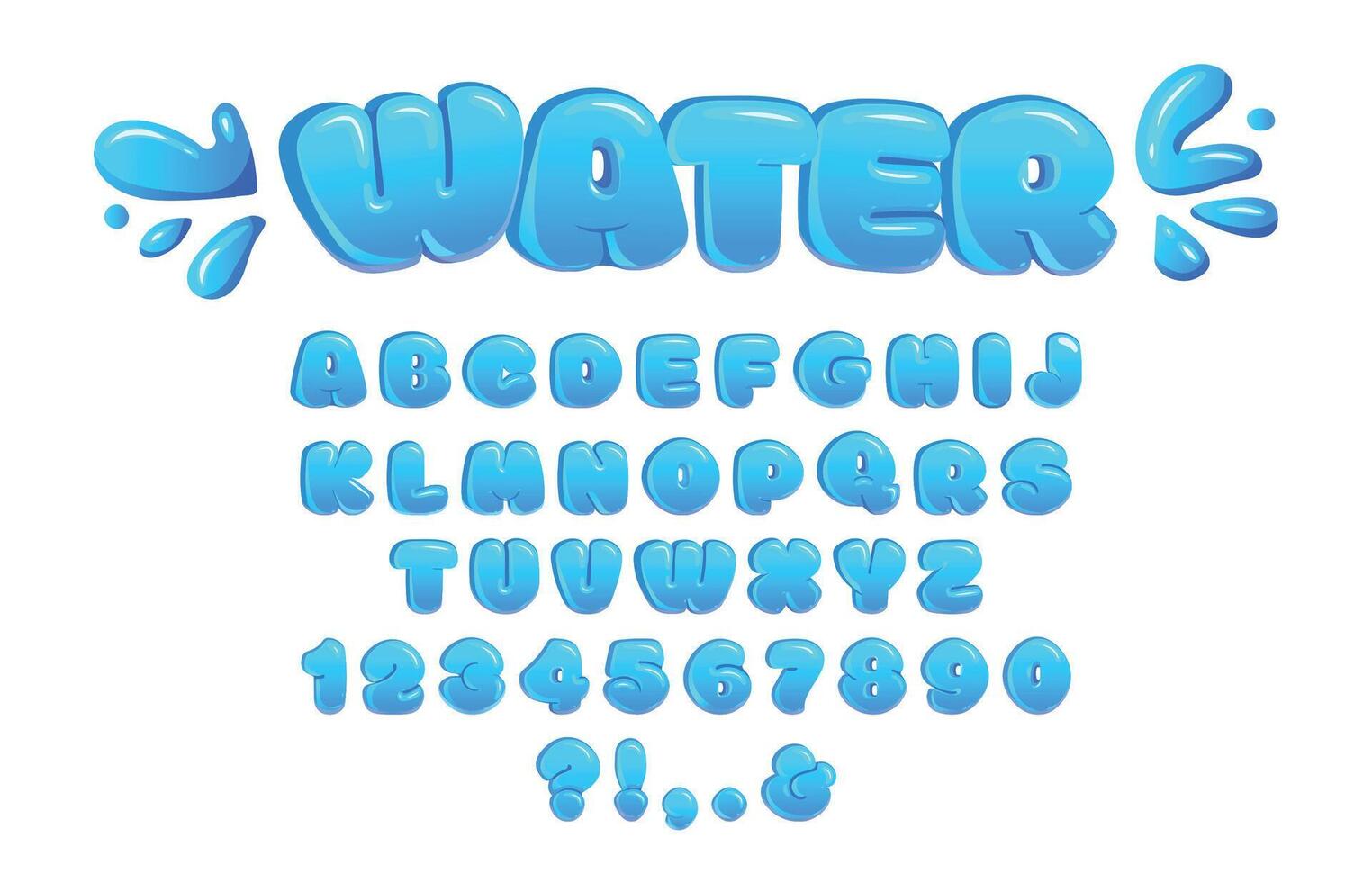 Water bubble font. Glossy bubbly letters, chubby alphabet and water drops inflated numbers display typeface cartoon set vector
