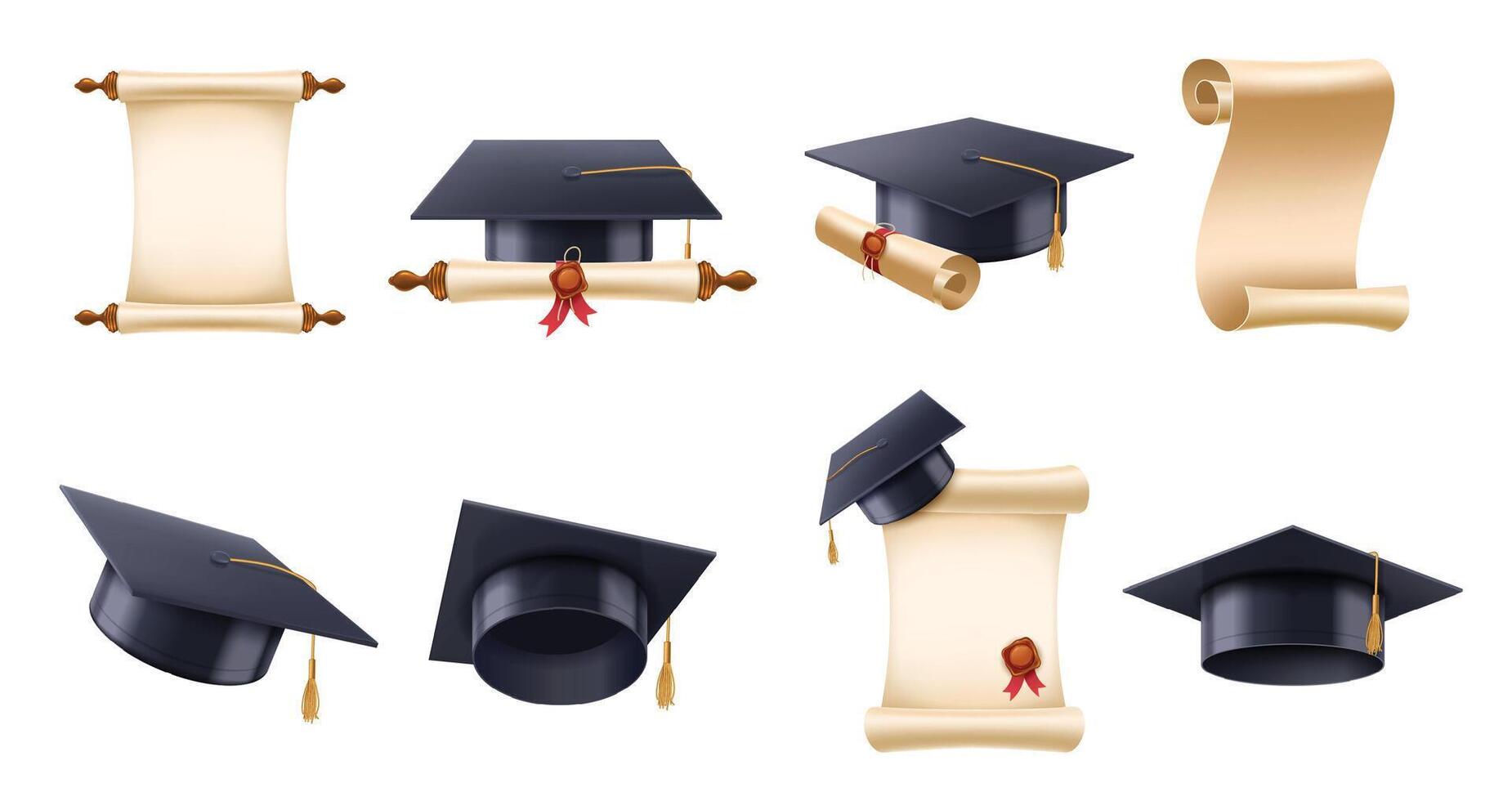 Realistic graduation hat and diploma. High school, college or university cap with bachelor degree scroll, academic graduate certificate vector